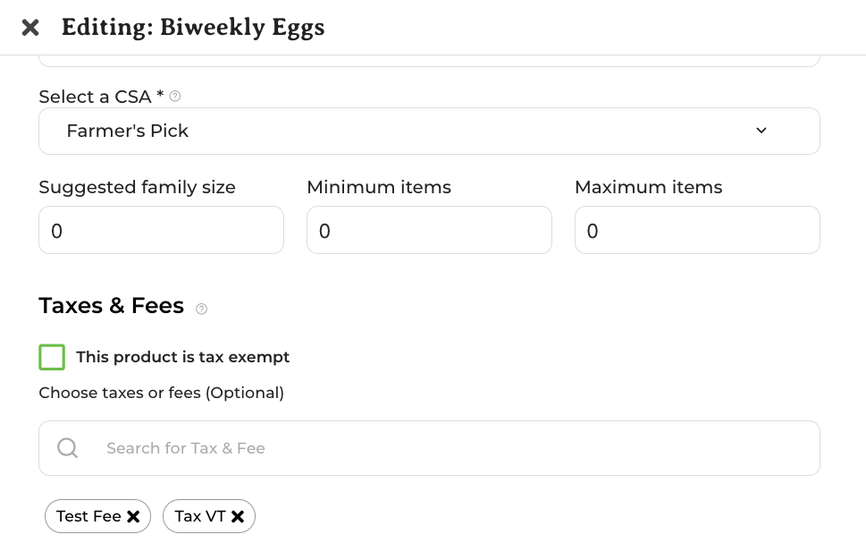 Taxes & Fees section on the Product Editing screen
