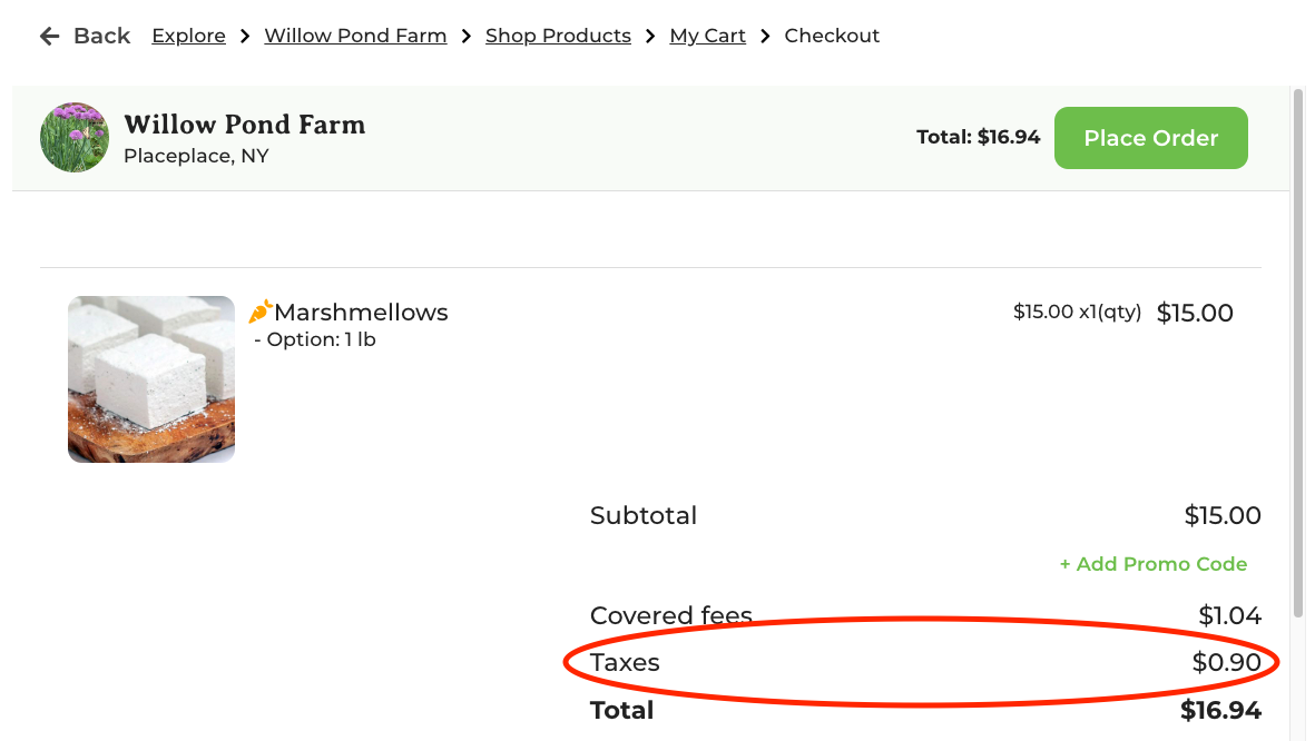 Checkout view showing taxes and fees as separate line items