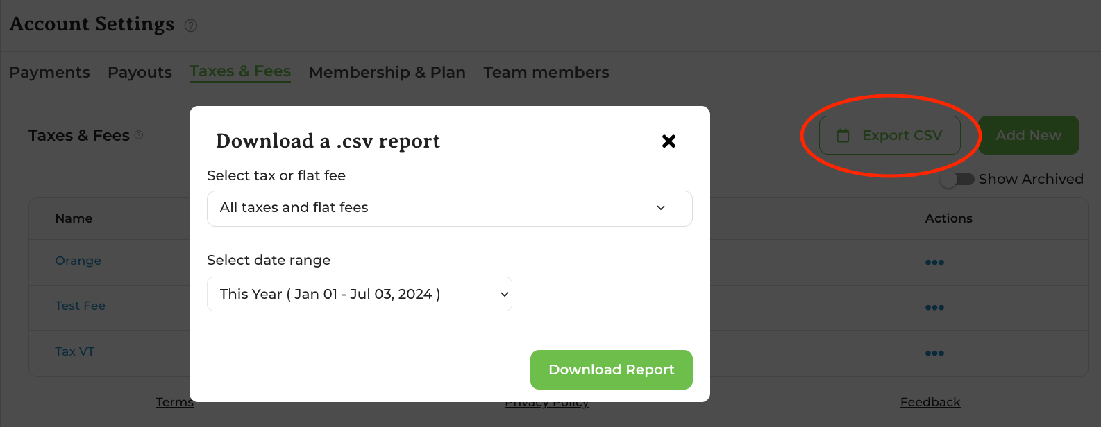 Export CSV option in the Taxes & Fees Account Settings screen