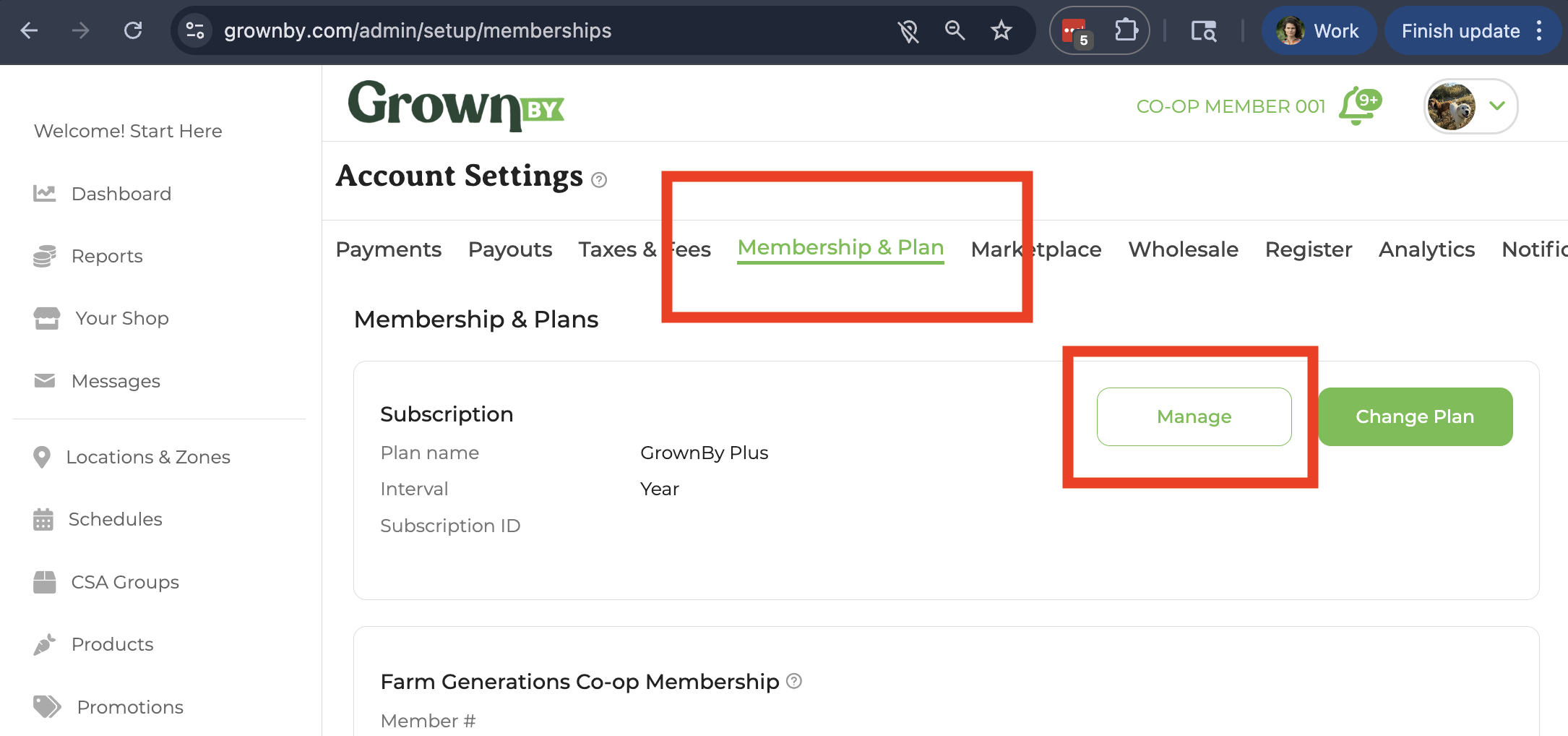 GrownBy Account Settings showing the Membership & Plan section with the Manage button