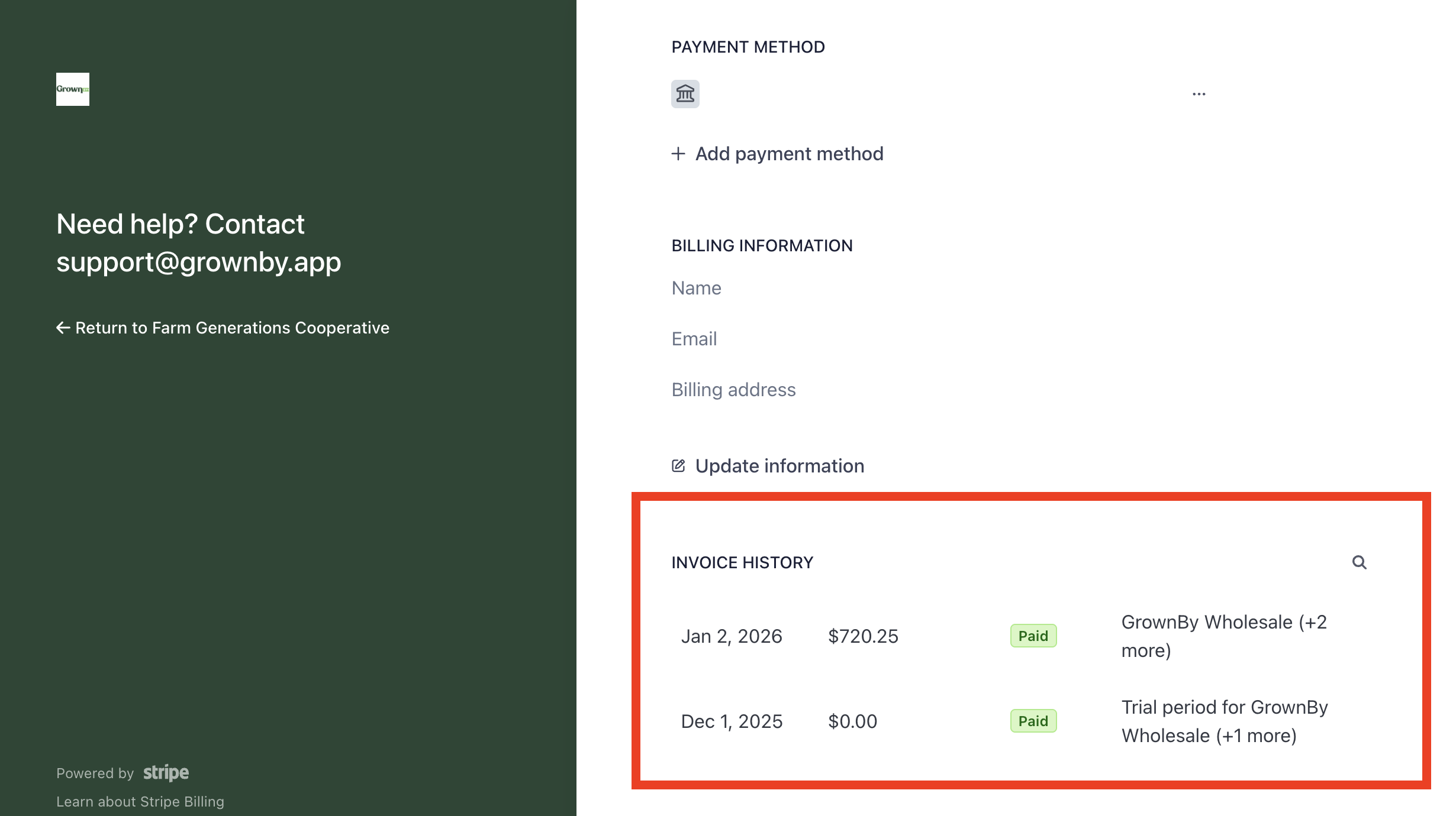 Stripe billing portal showing the Invoice History section with downloadable invoices