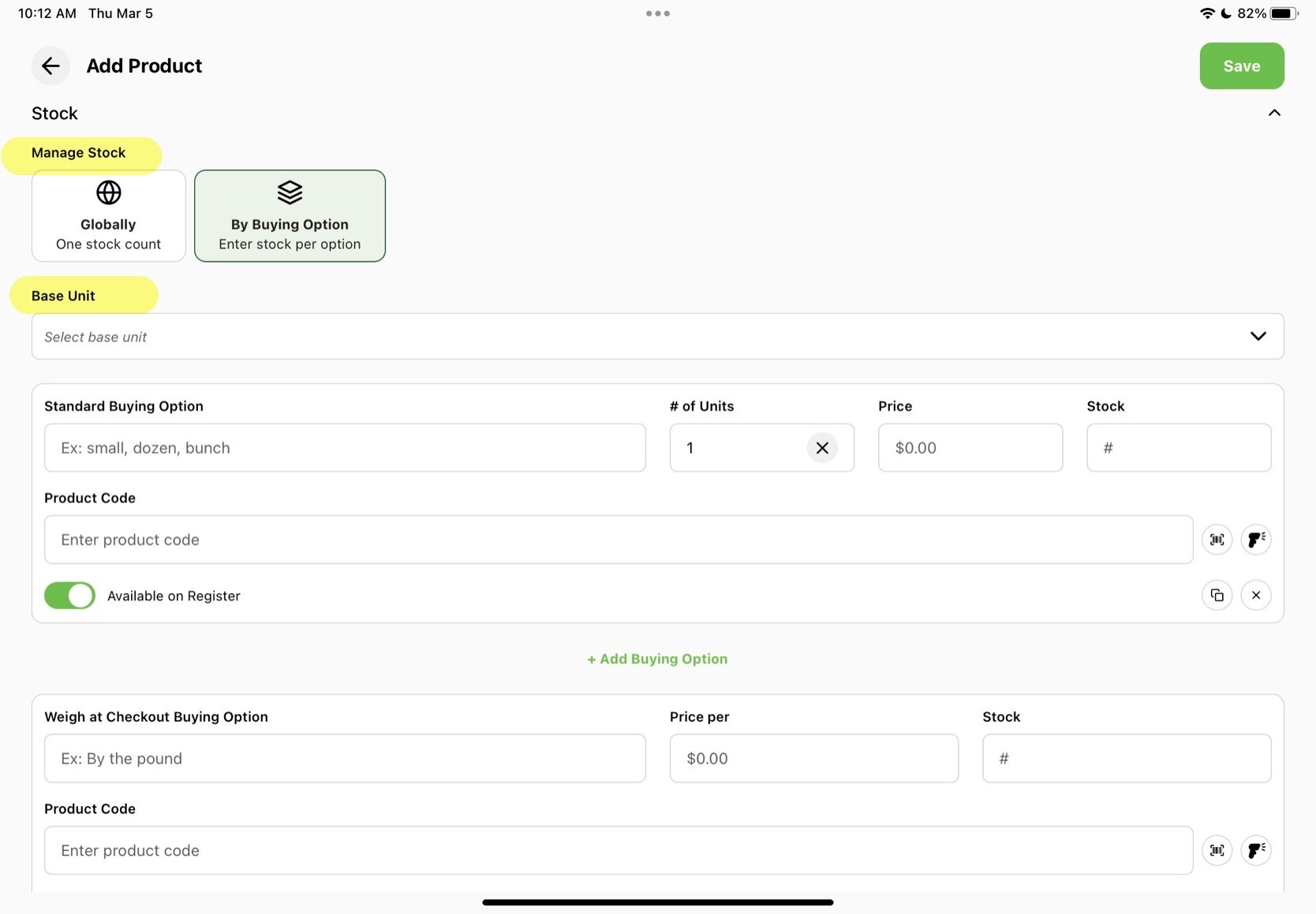 Save button highlighted on the new product screen