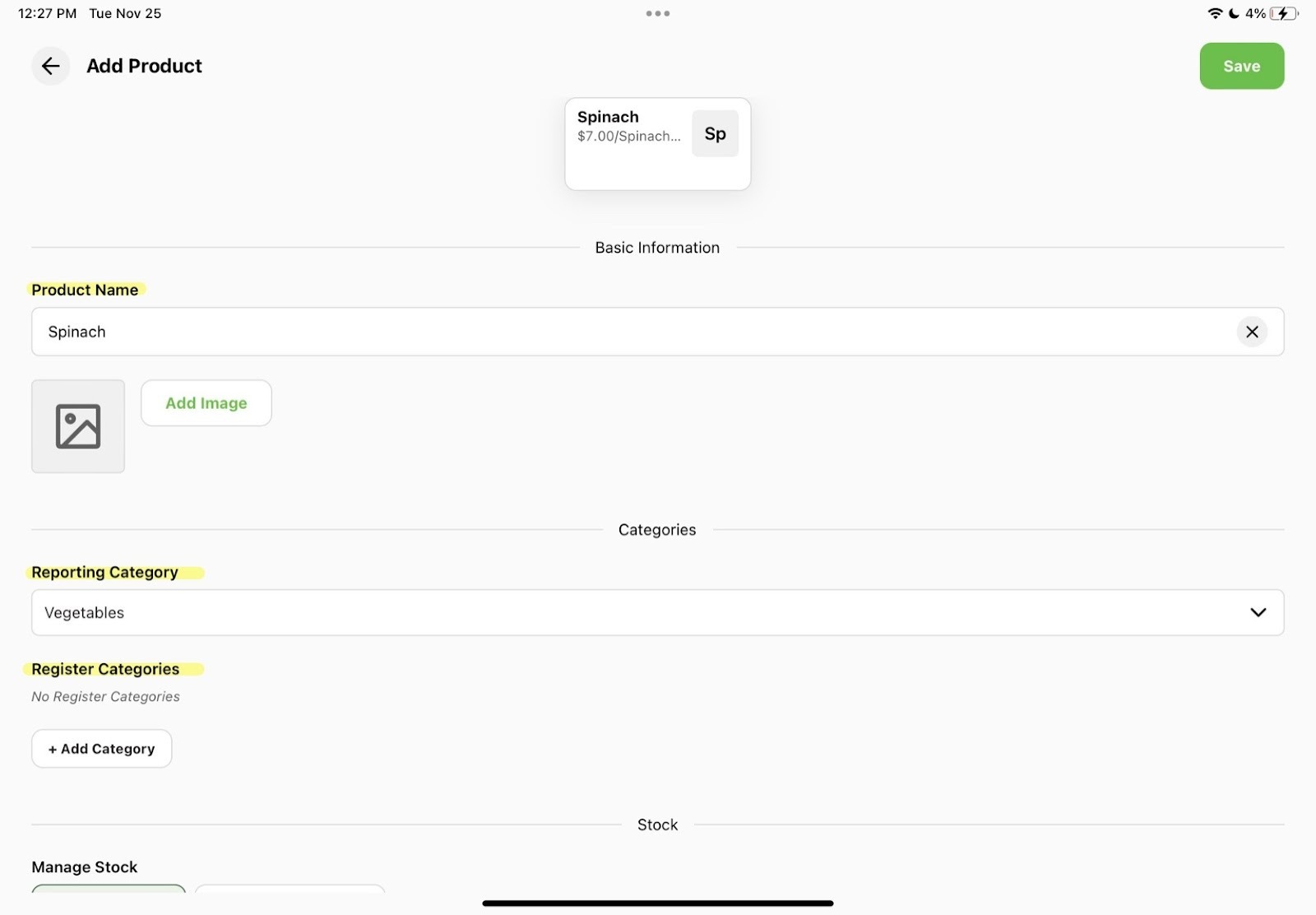 New product details screen on Register