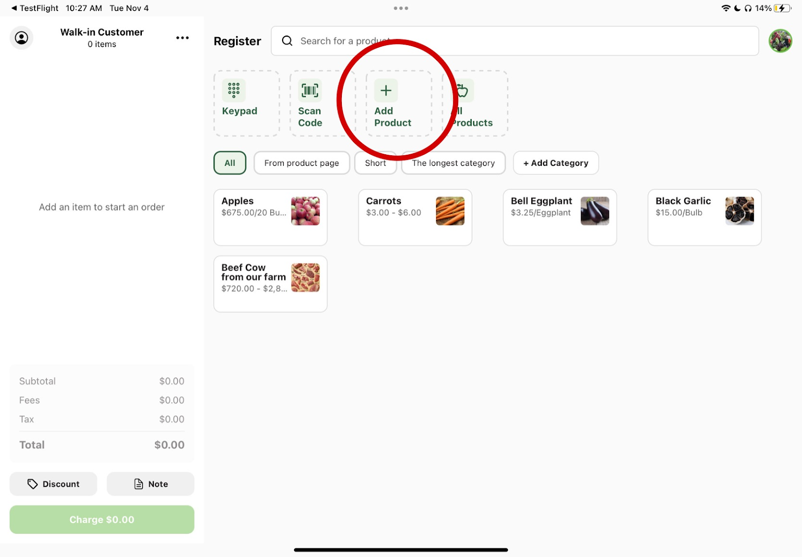 Register main screen with the Add Product button