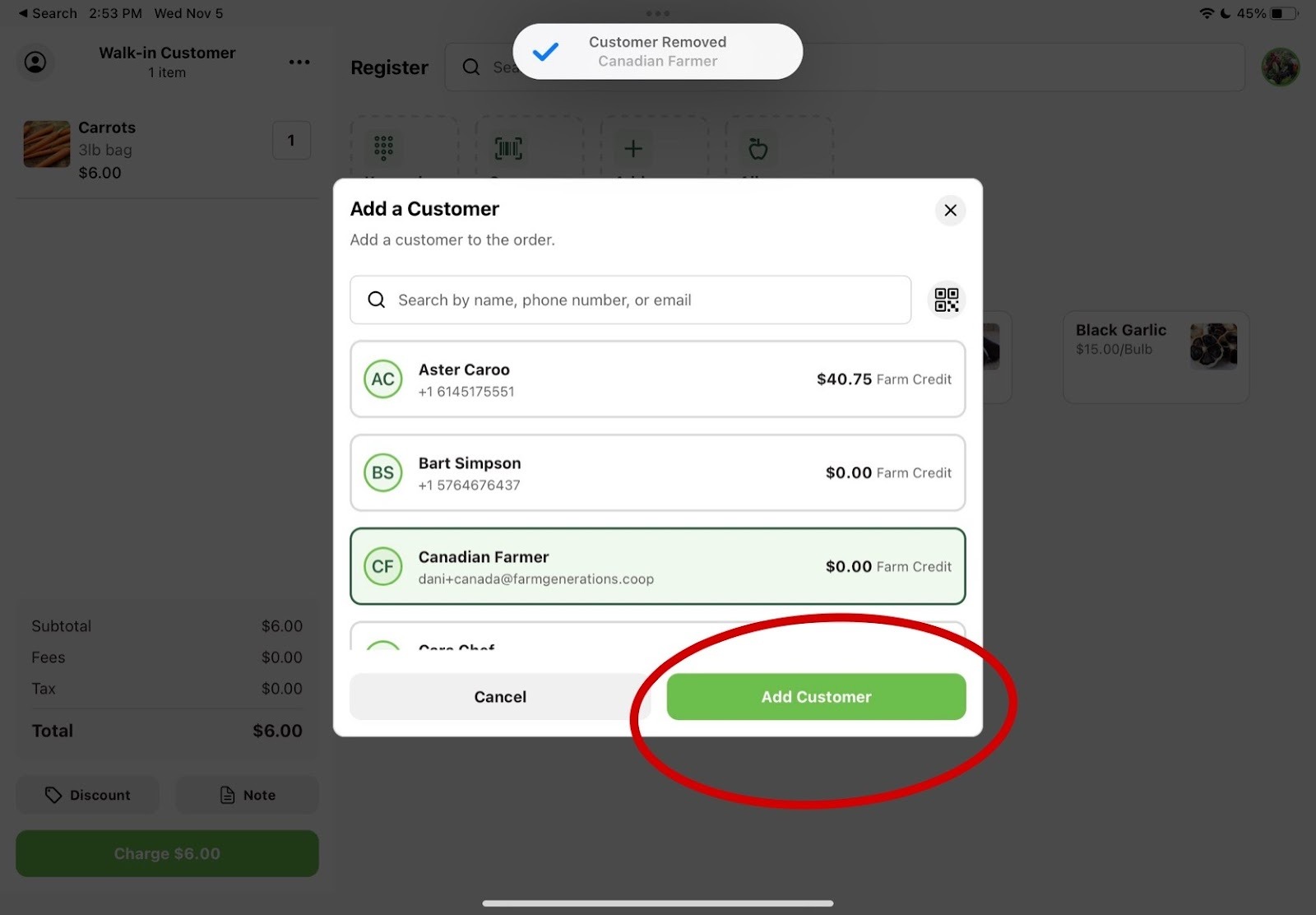 Customer search list on Register with the Add Customer button visible