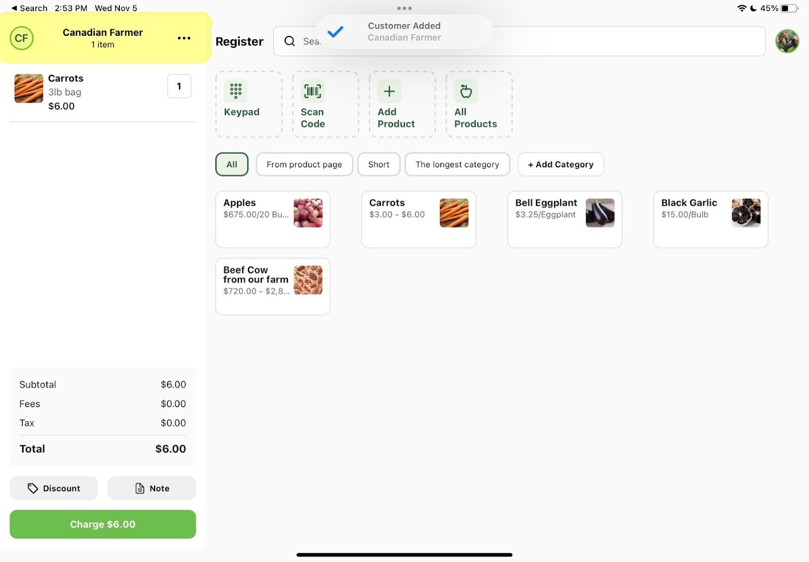 Register cart showing the connected customer's name at the top