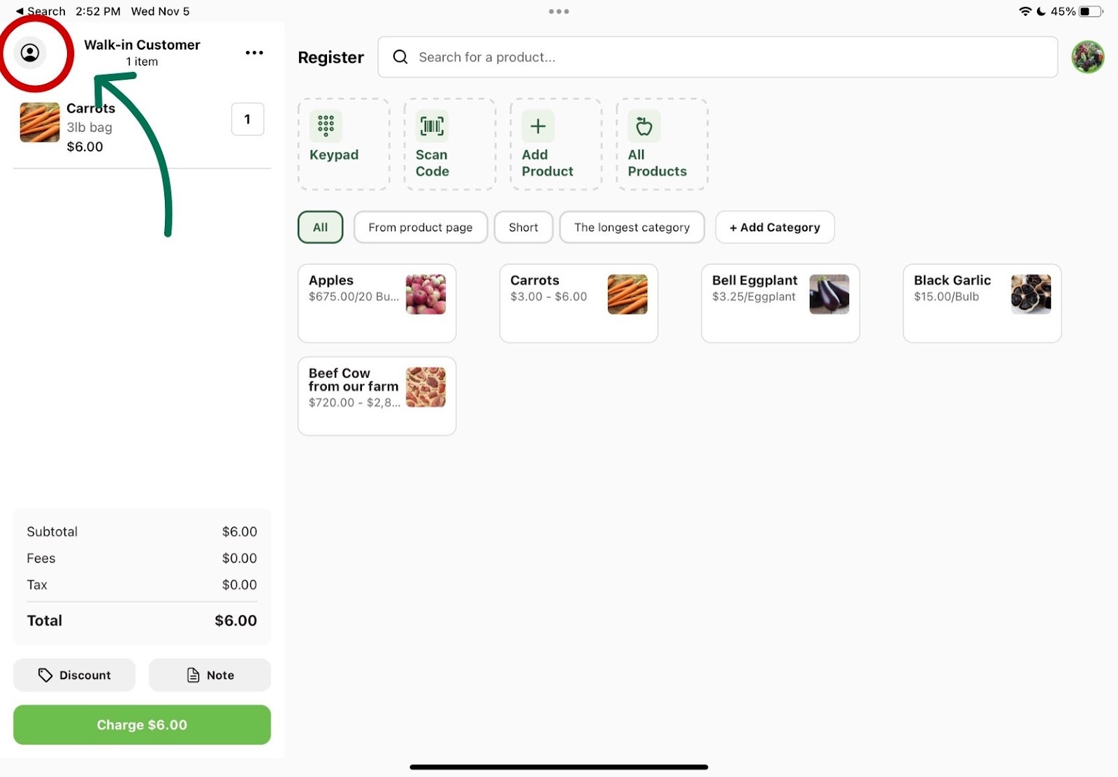 Register cart with the person icon highlighted in the top left corner