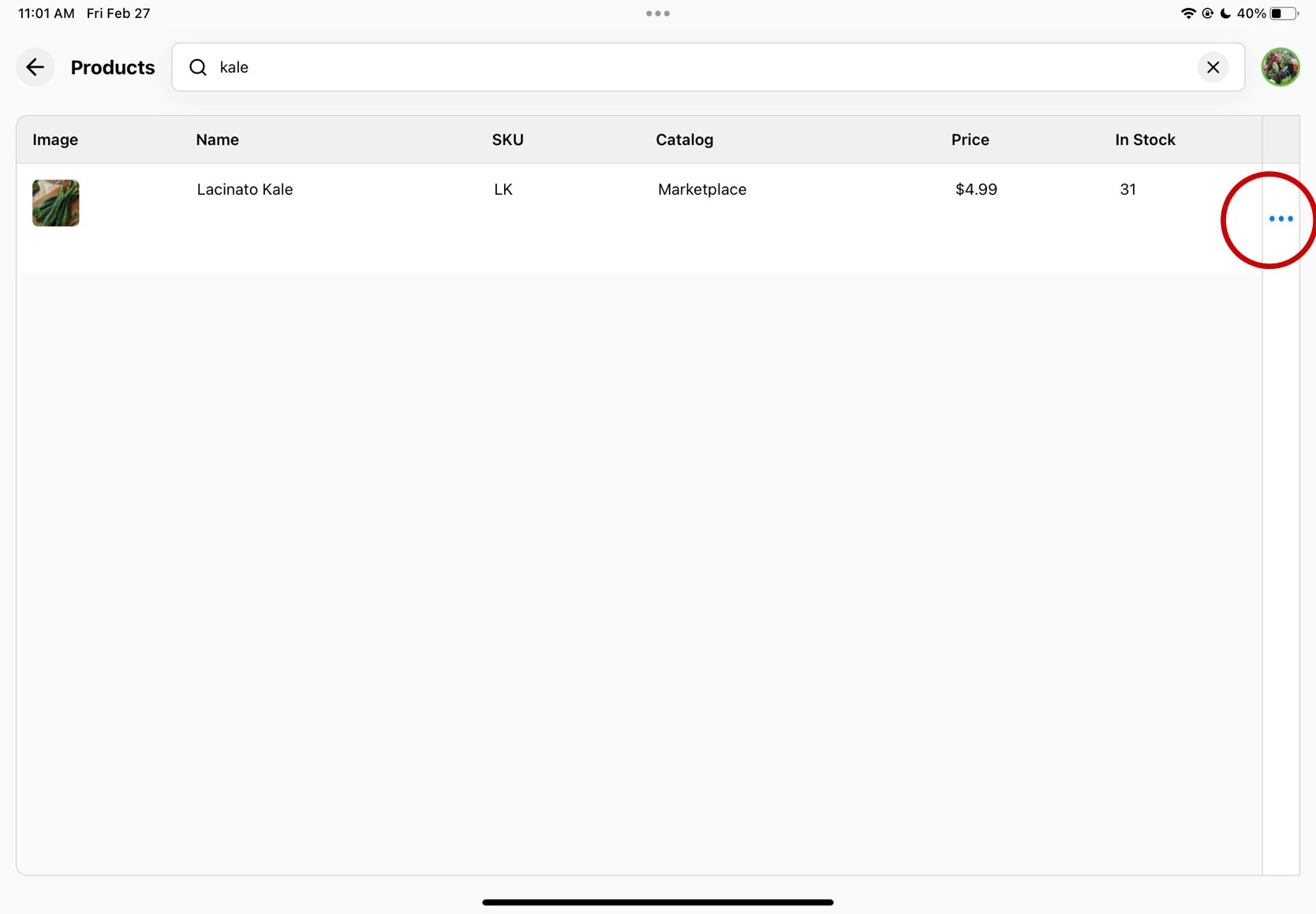 Register products list showing the three-dot menu icon on the right of a product row