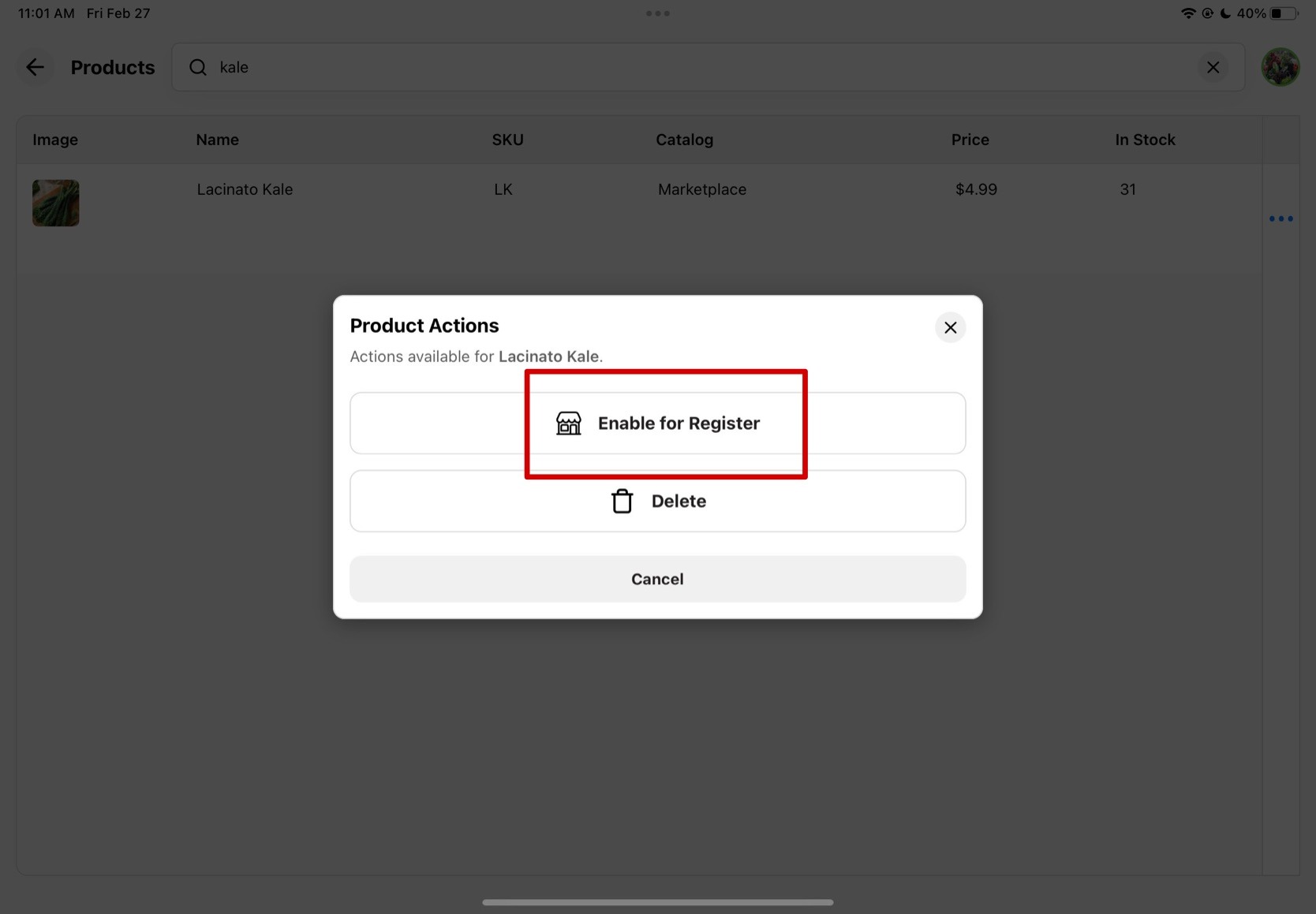 Three-dot menu open on a product, showing the Enable for Register option