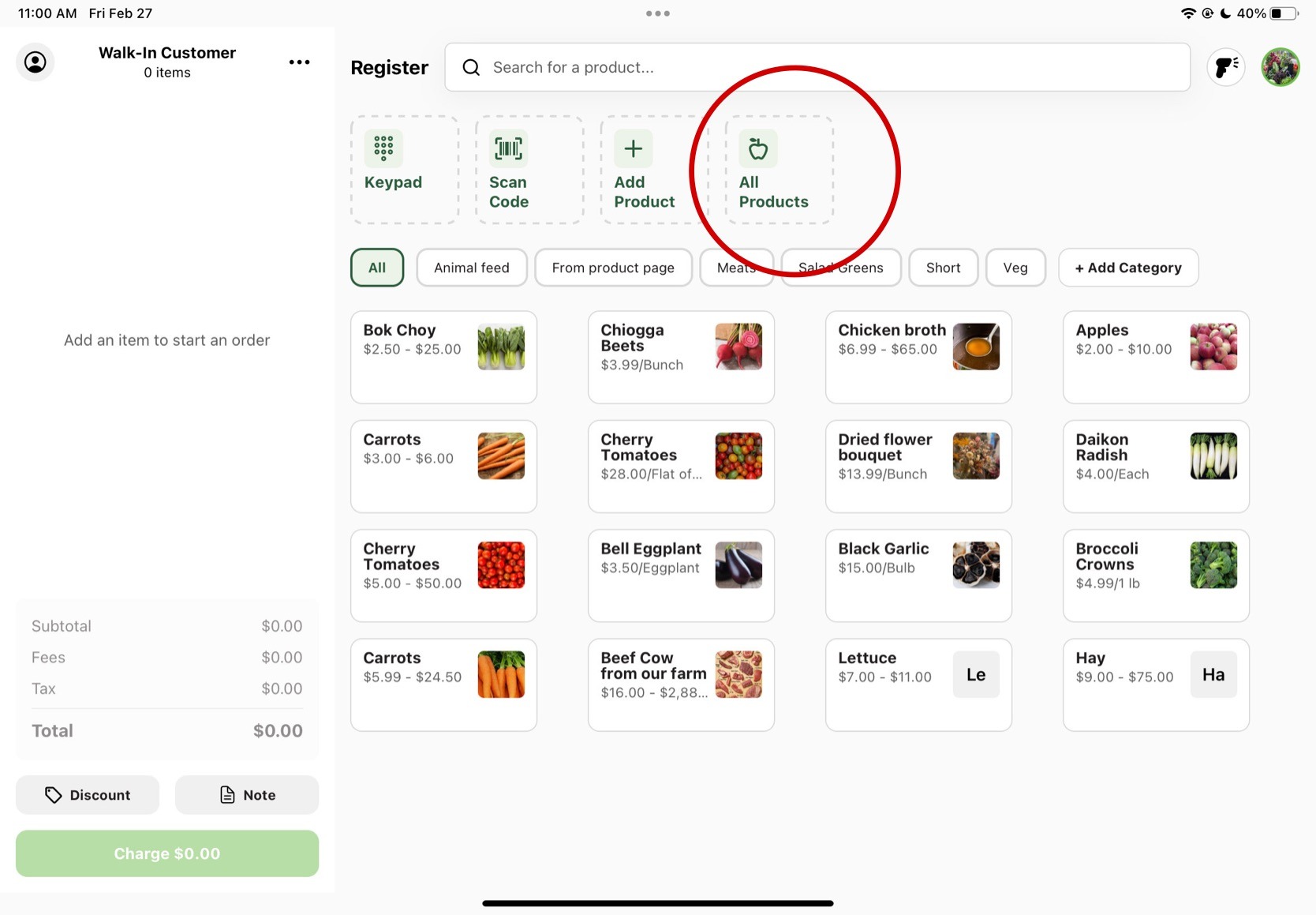 Register app homepage with the All Products button highlighted