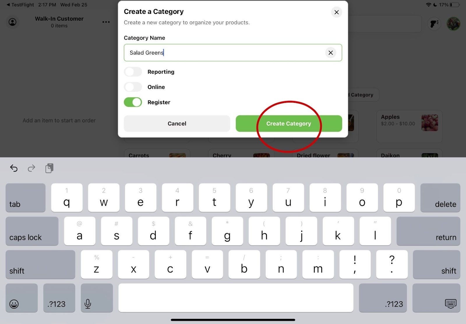 Create Category dialog with name and catalog fields