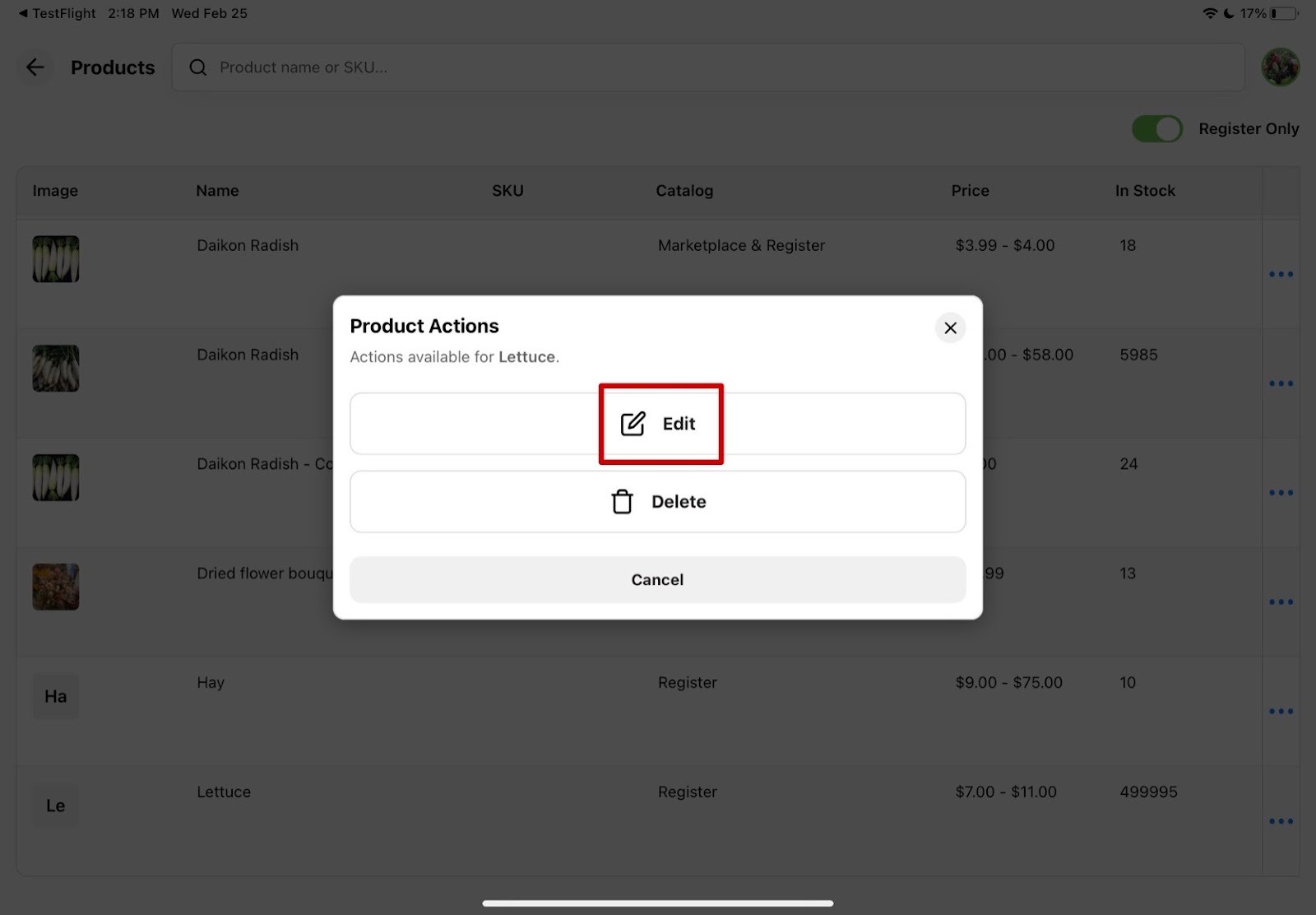 Product action menu with the Edit option highlighted
