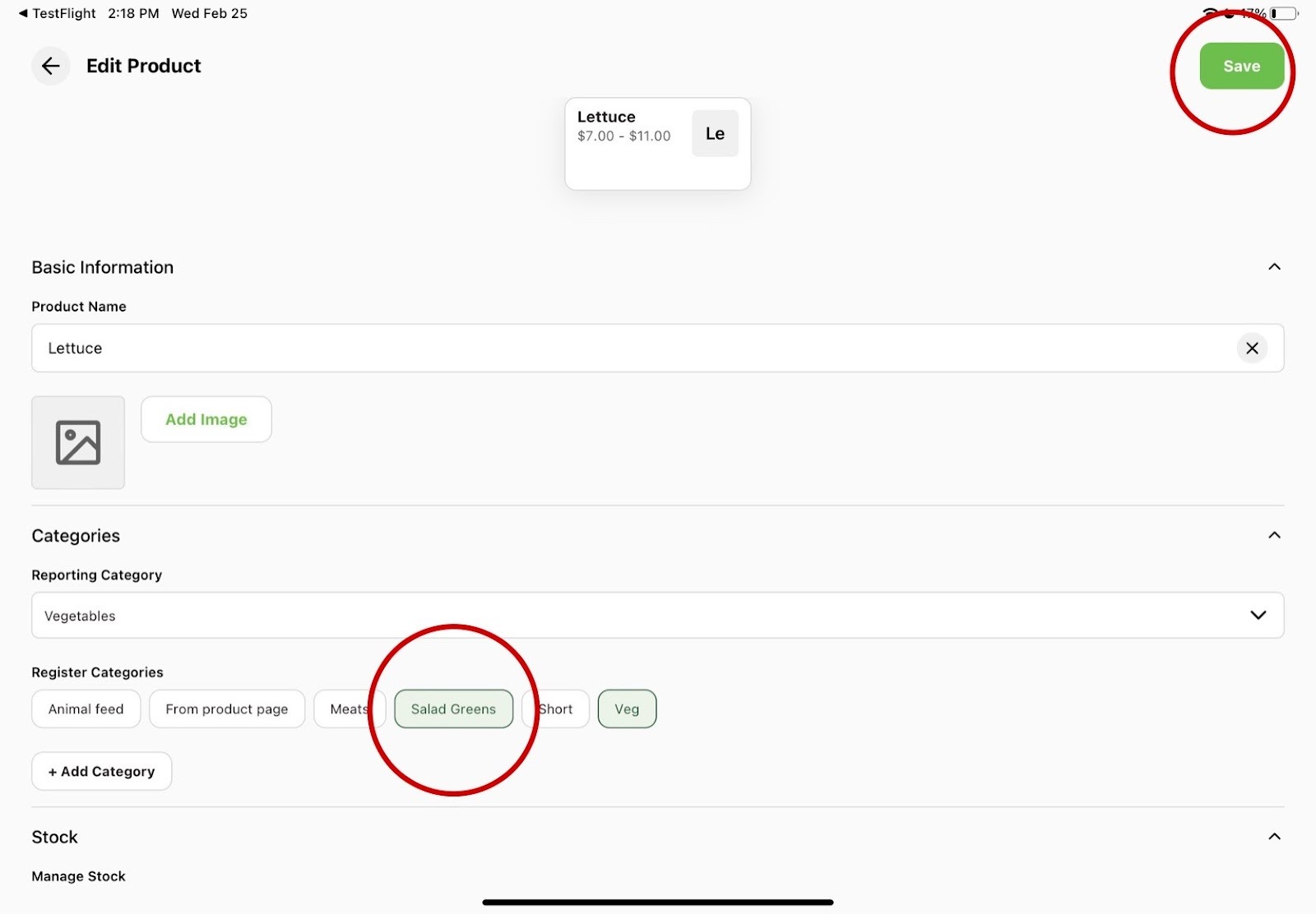 Product edit screen showing Register Categories selection