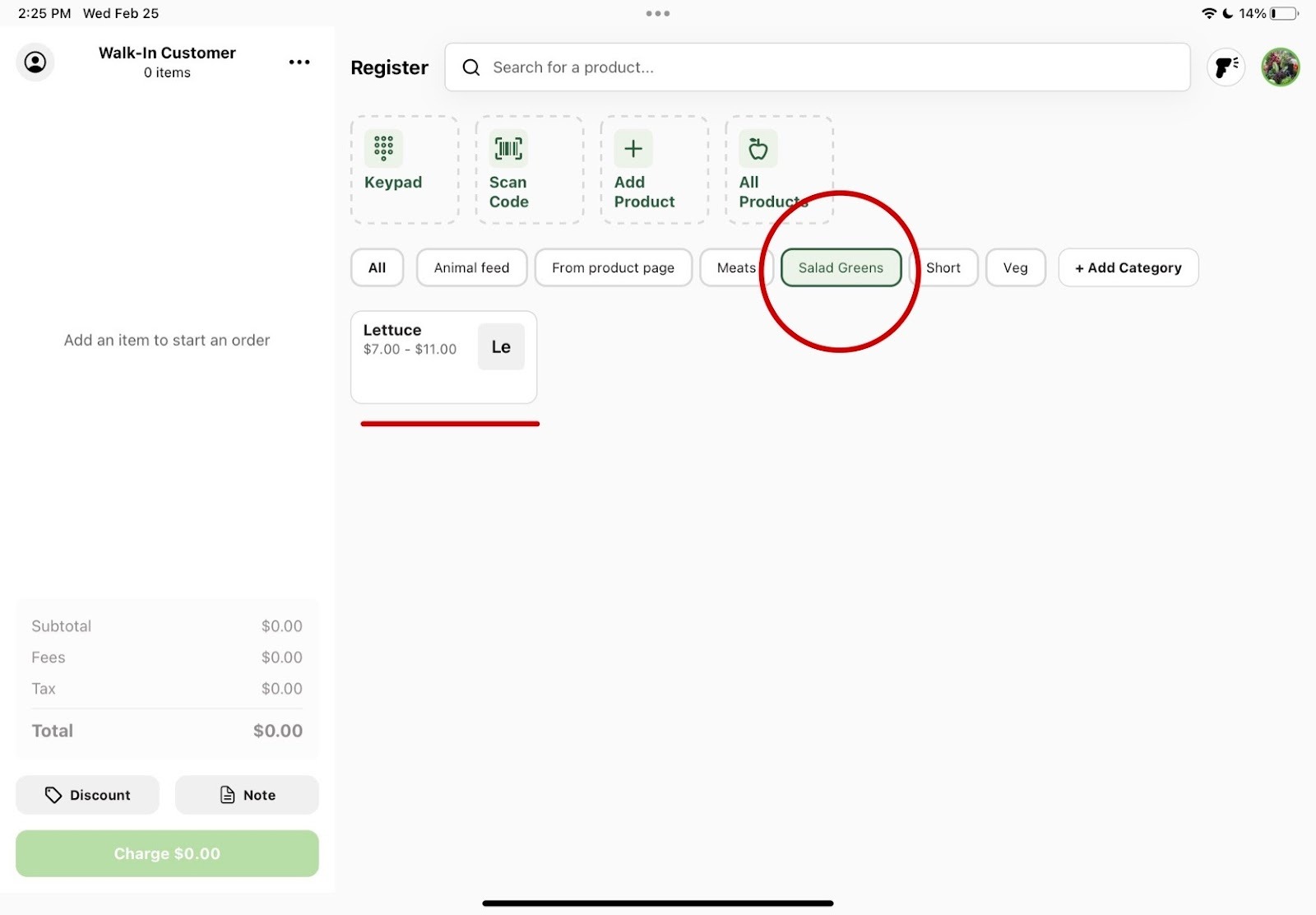 Register home screen showing the product inside the new category
