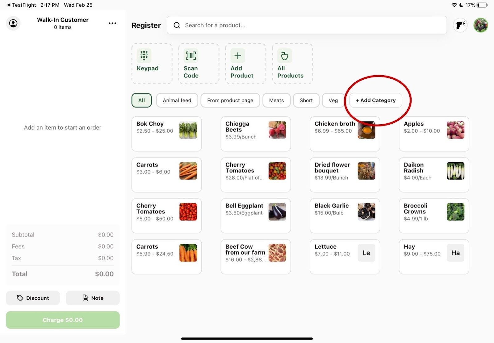 Register home screen with the Add Category button highlighted