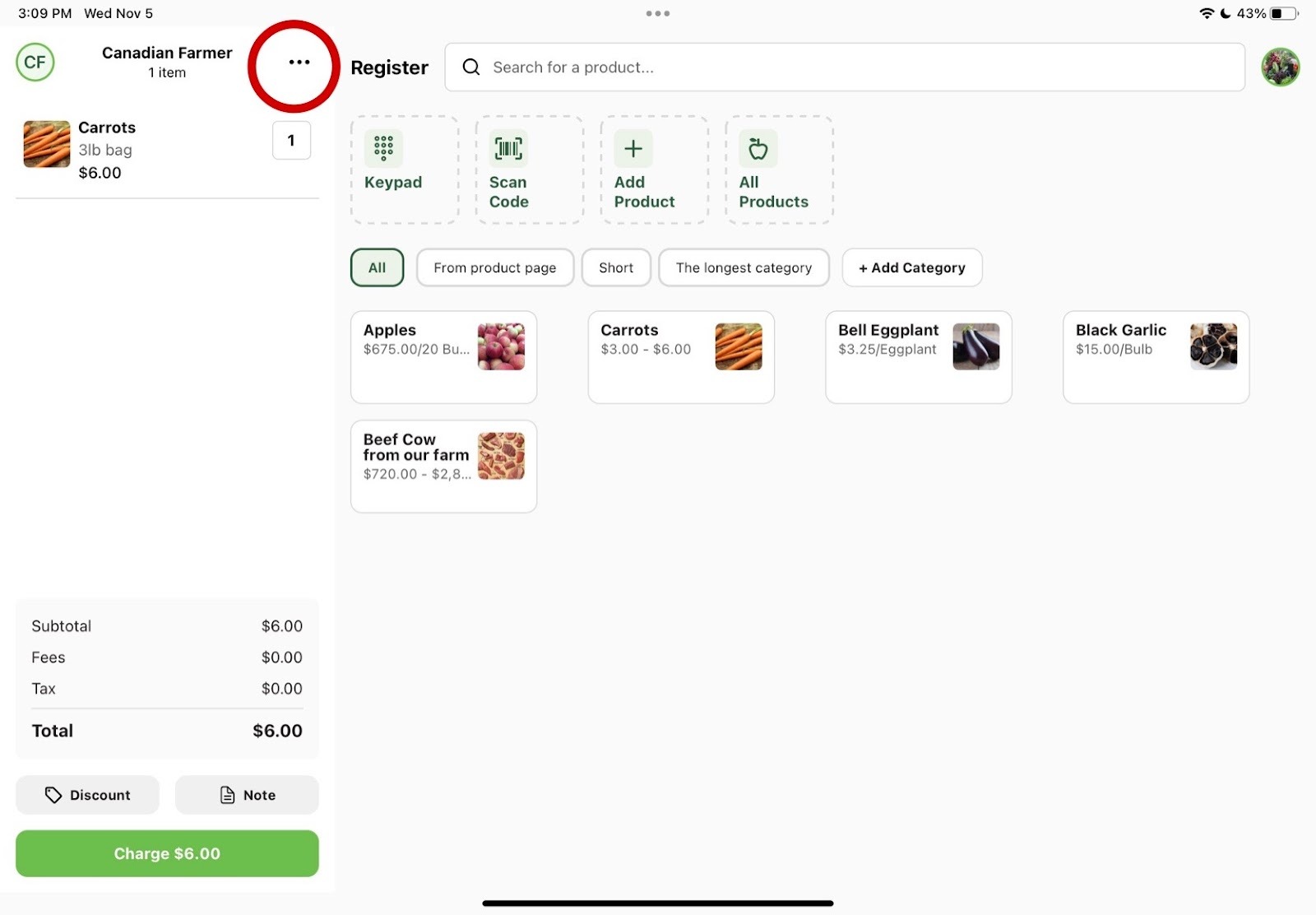Register cart with the three-dot menu in the top right corner