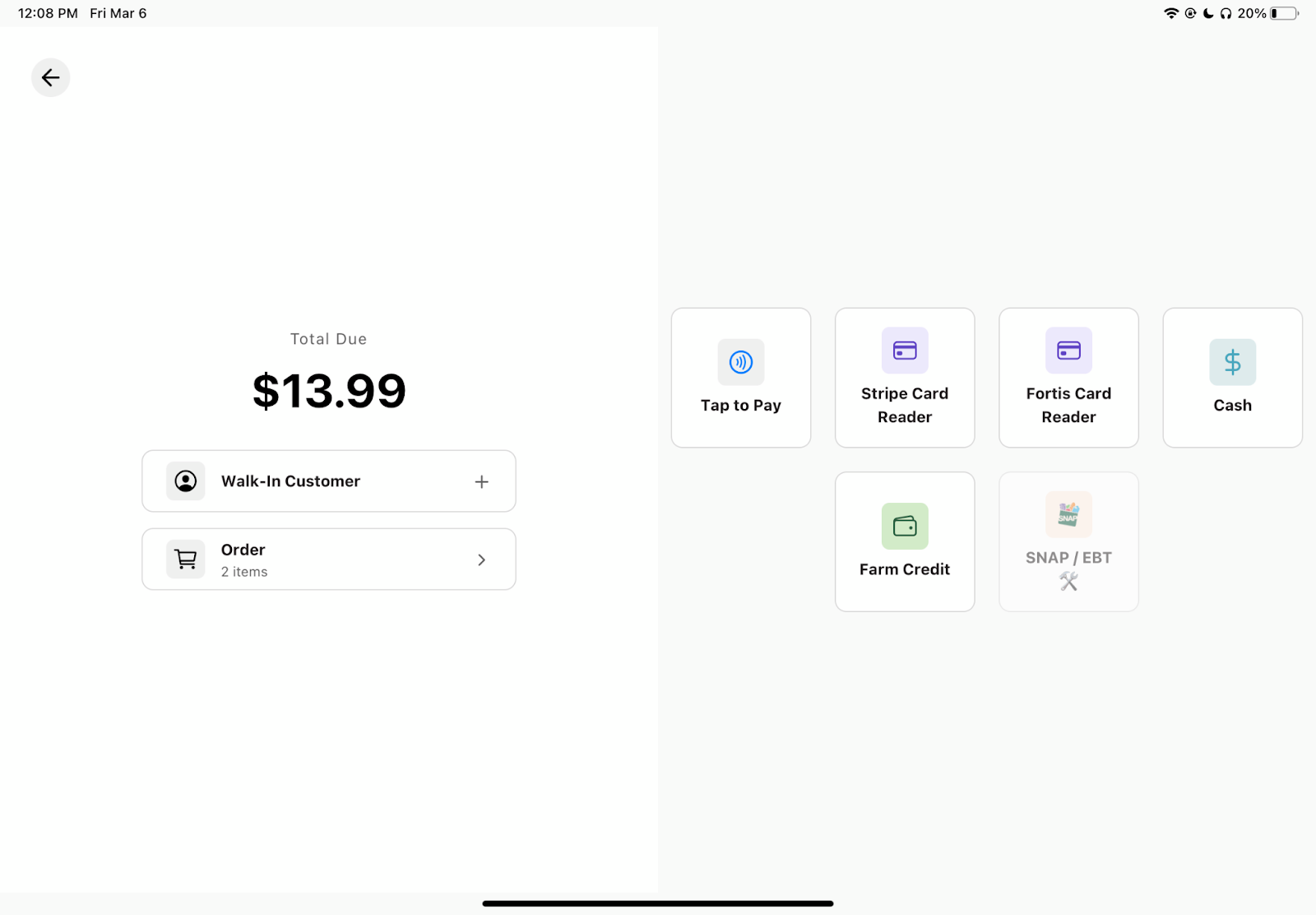 Checkout screen showing available payment method options