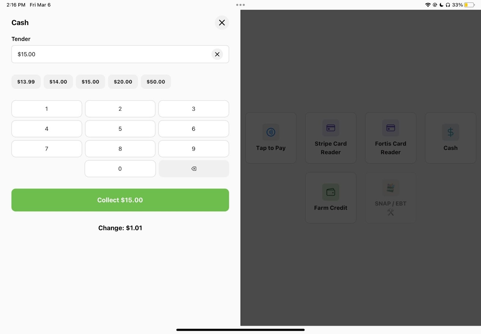Order Created confirmation window with total and Actions menu for printing receipt