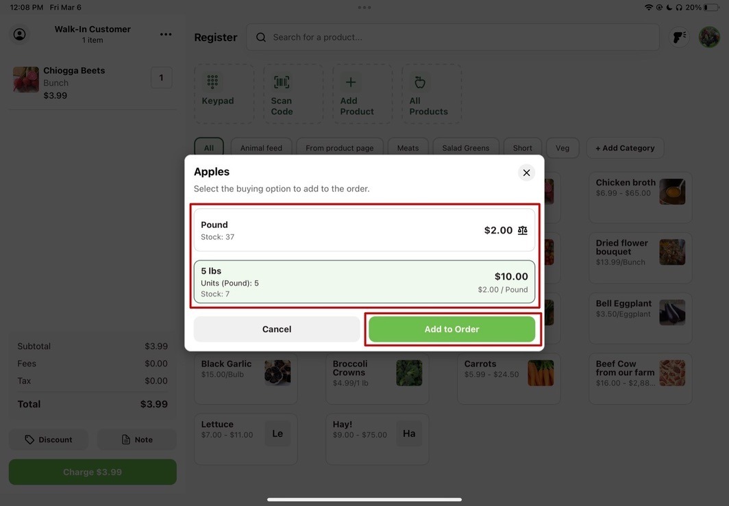 Register cart with products and quantities selected
