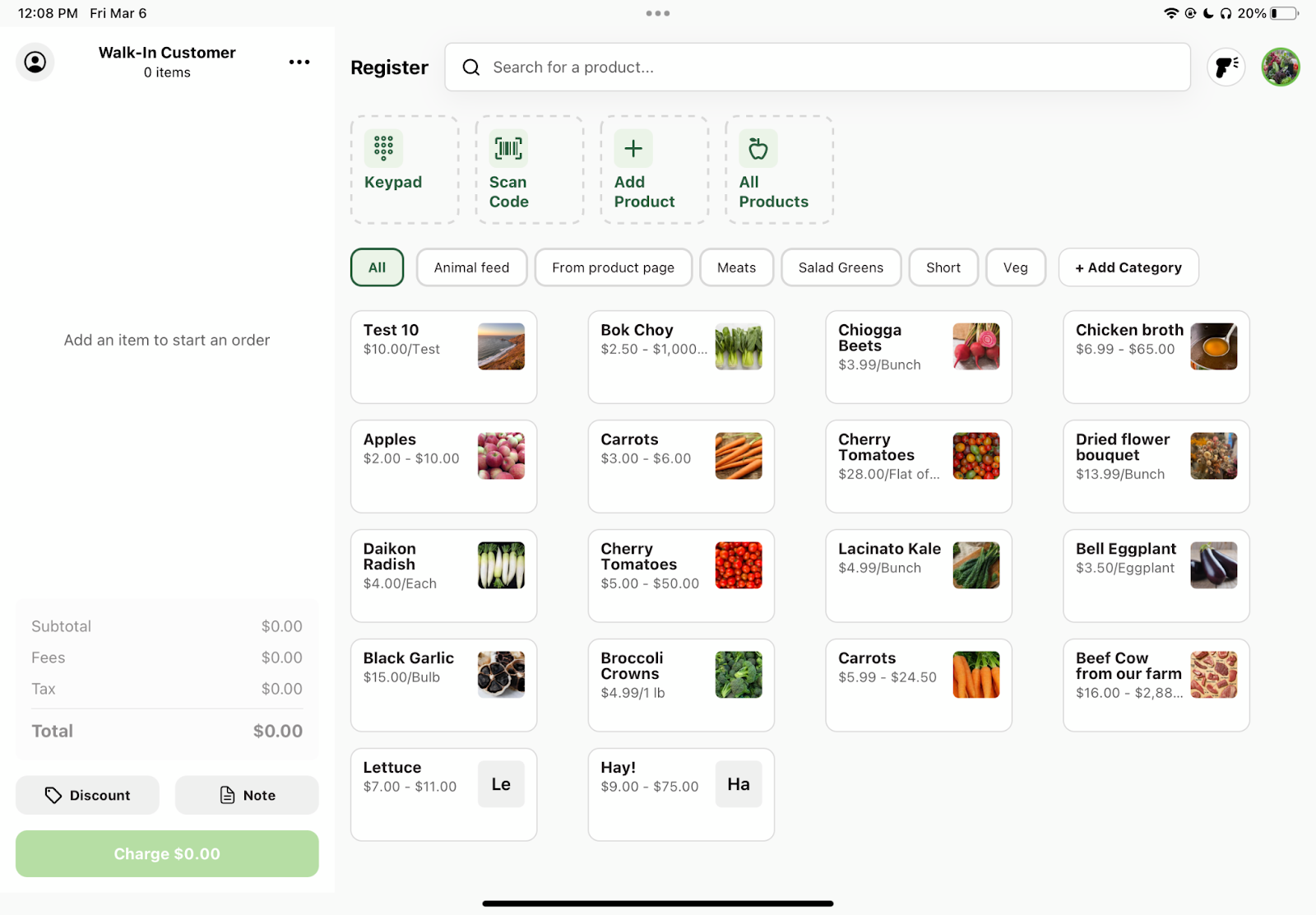 Register screen showing the cart with a customer added