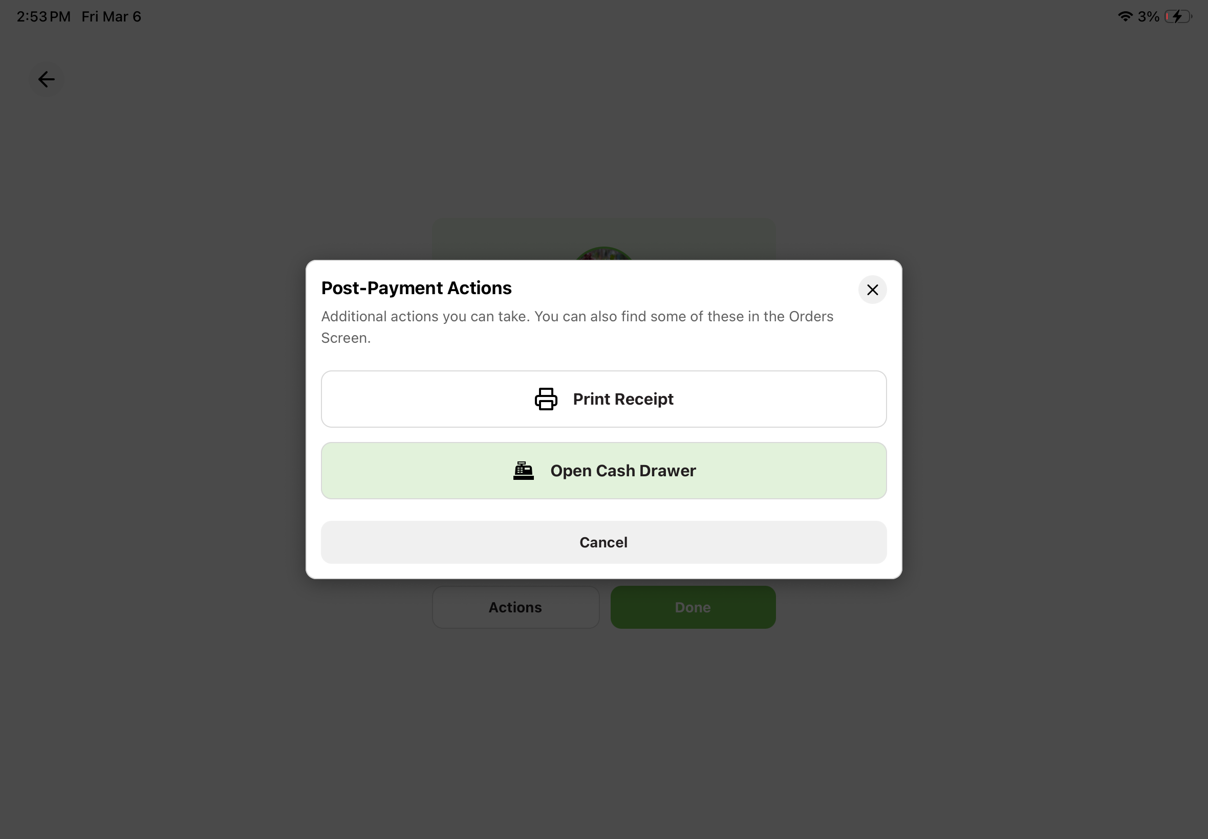 Order completion screen showing the Actions menu with Open Cash Drawer option