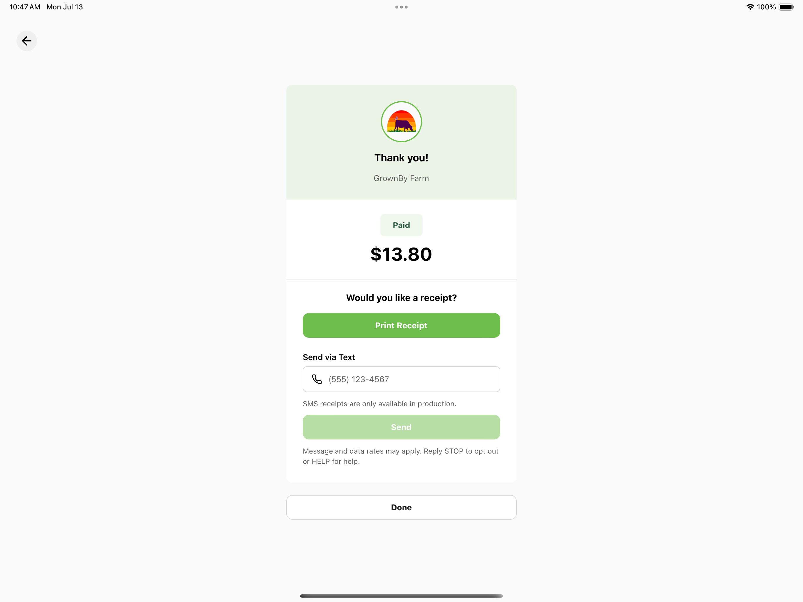 Payment success screen
