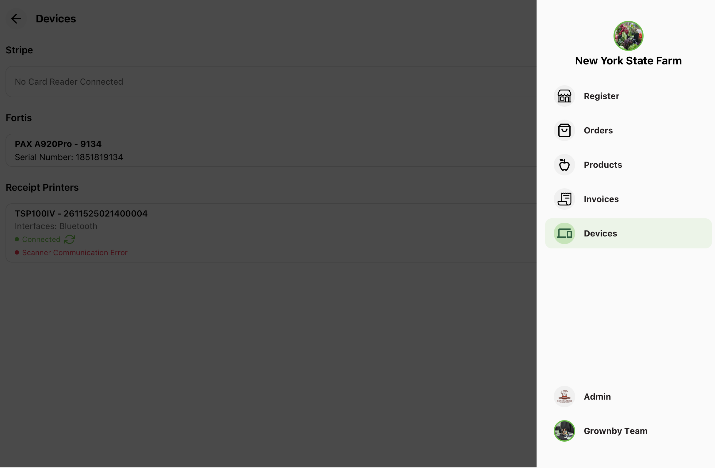 GrownBy Register side menu with Devices highlighted