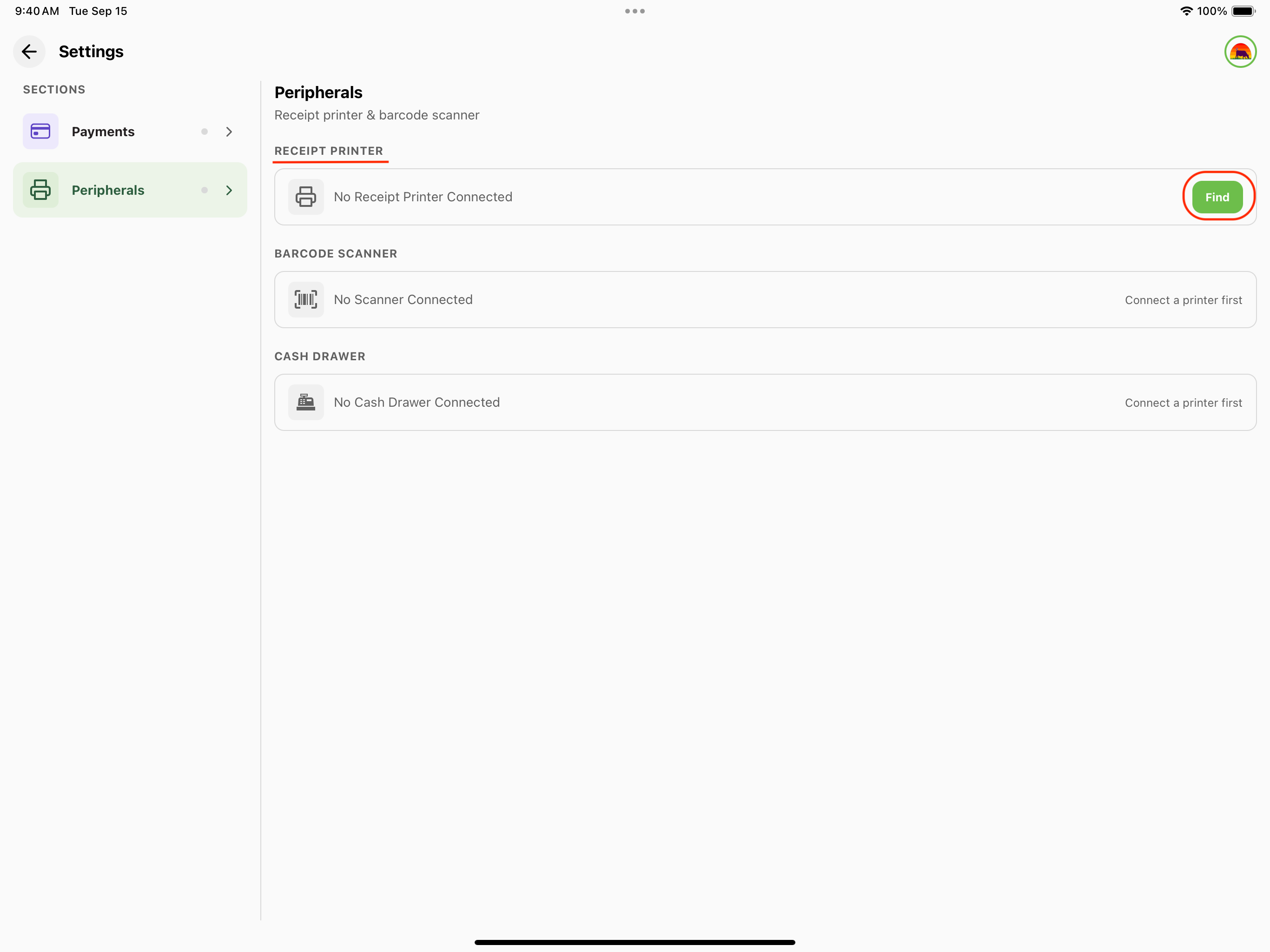 Receipt printer highlighted in peripherals
