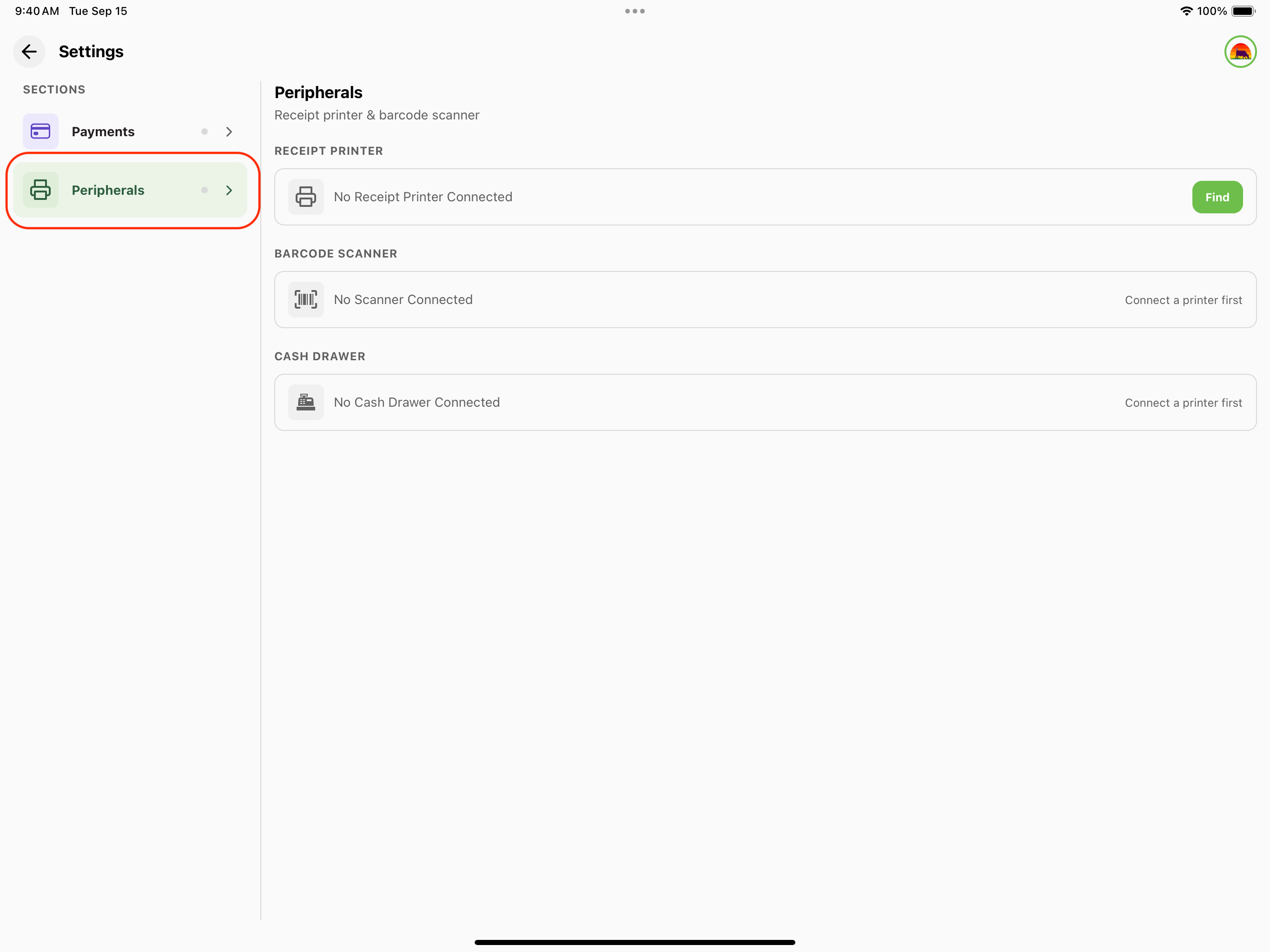 Peripherals option highlighted on settings screen