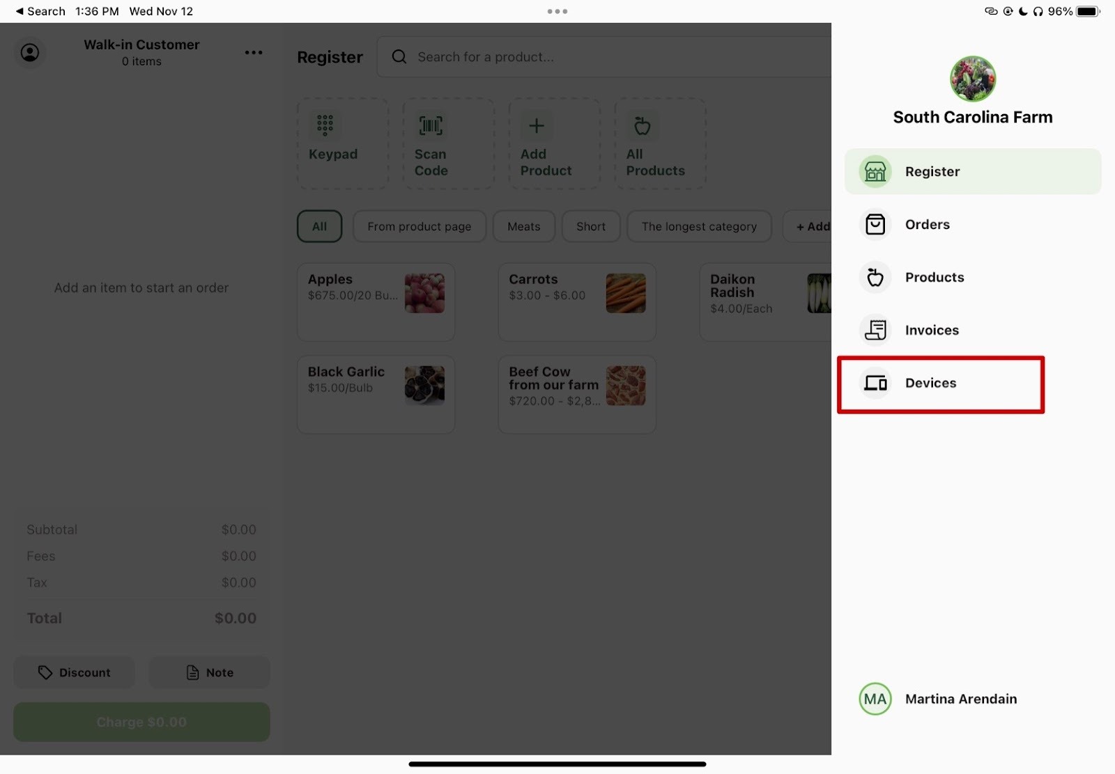 Devices option highlighted in the profile drop down menu