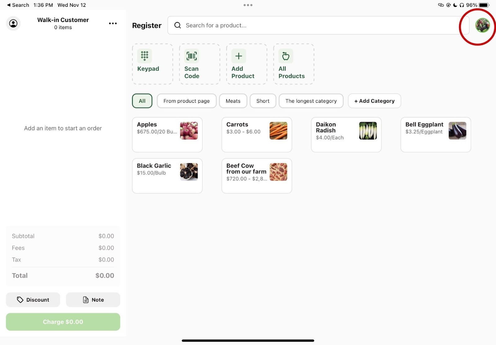 Profile menu open in the top right corner of the Register home screen