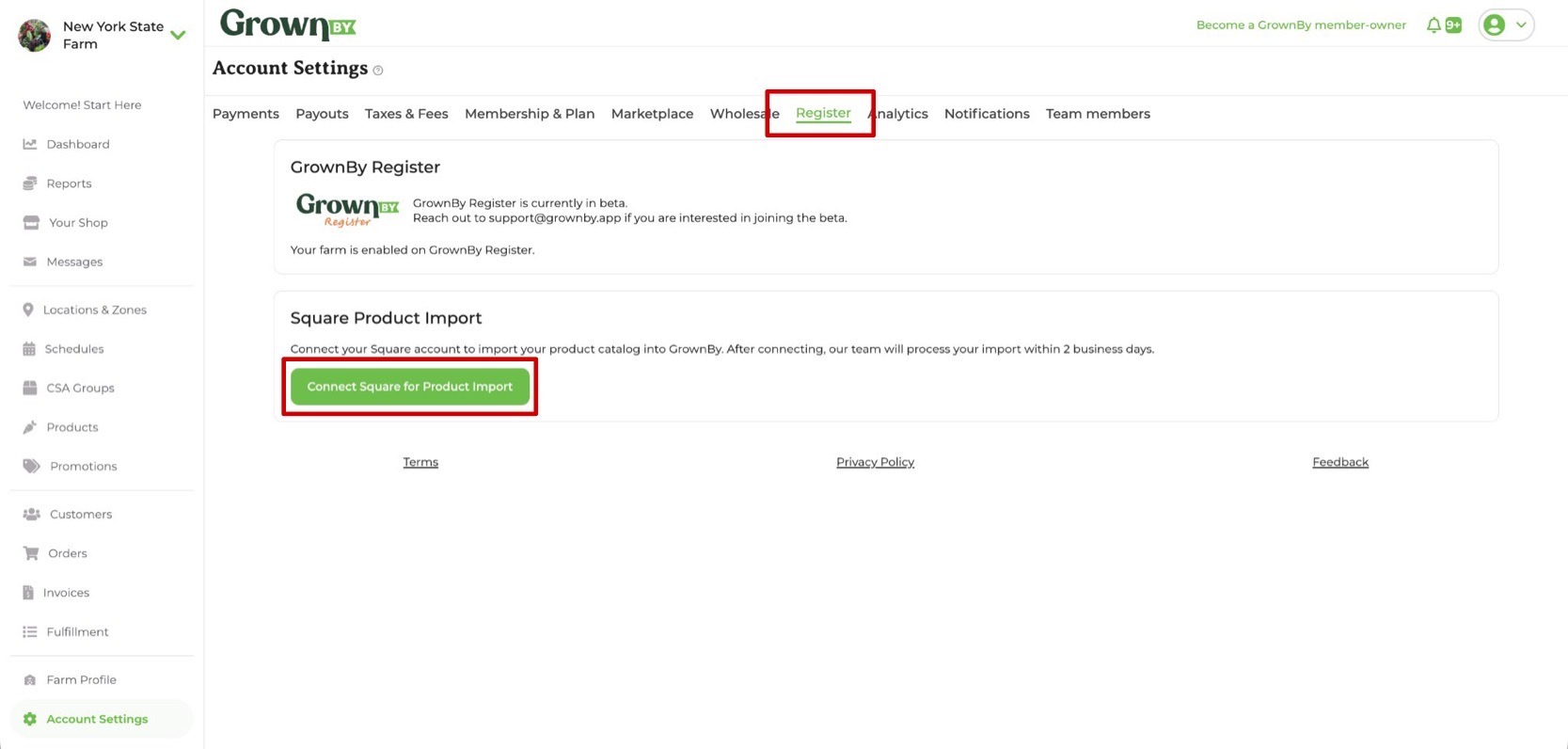 Register tab in Account Settings showing the Connect Square for Product Import button