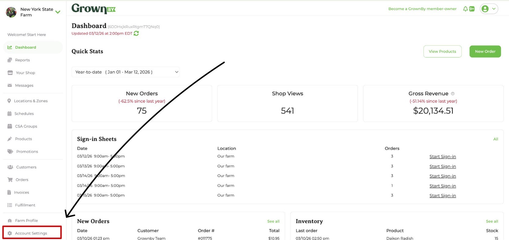 GrownBy Farmer Dashboard with Account Settings highlighted in the left-hand navigation