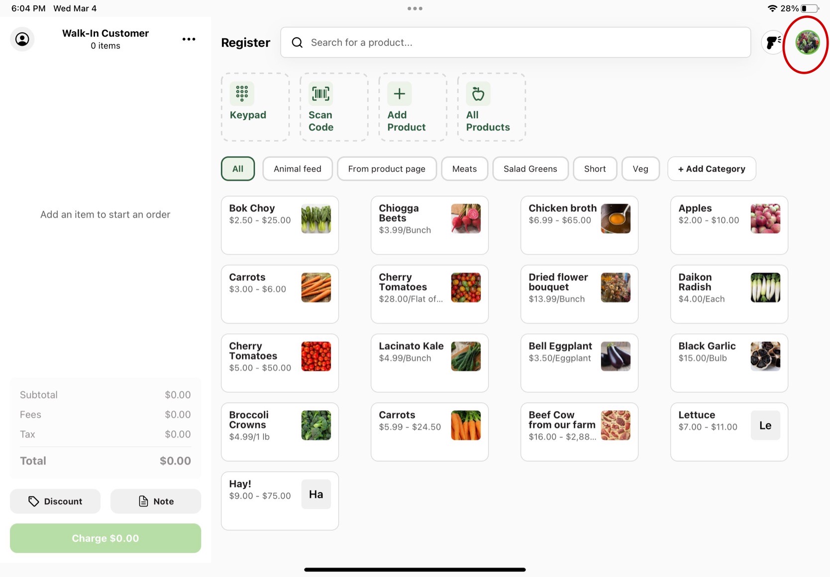 Account icon in the top right corner of the Register starting screen