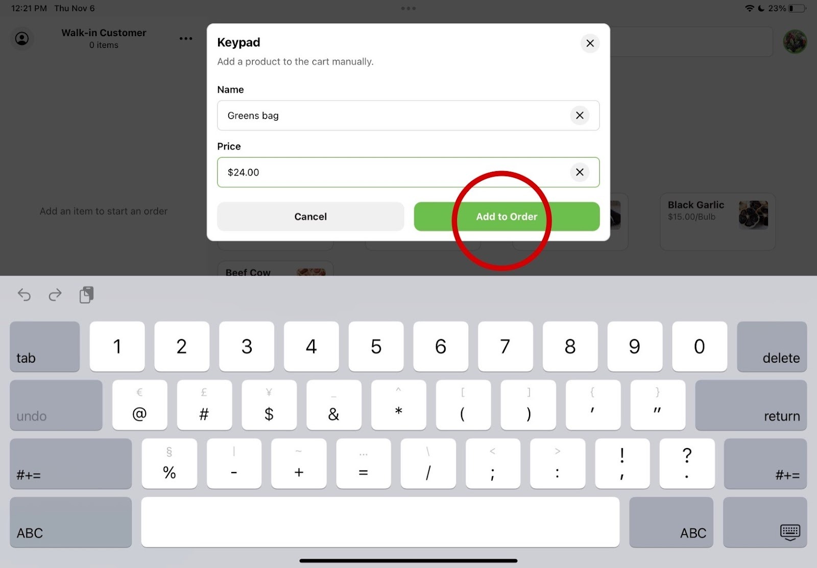 Keypad entry form with fields for item name and price