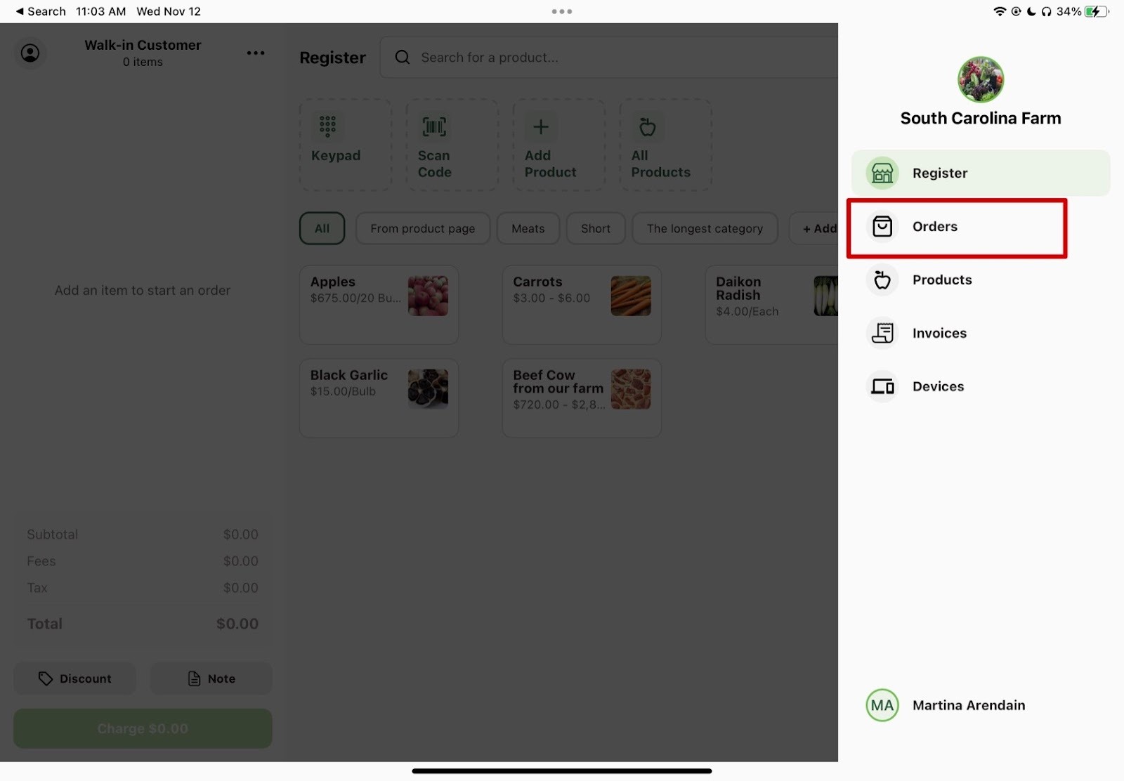 Orders option in the account drop down menu