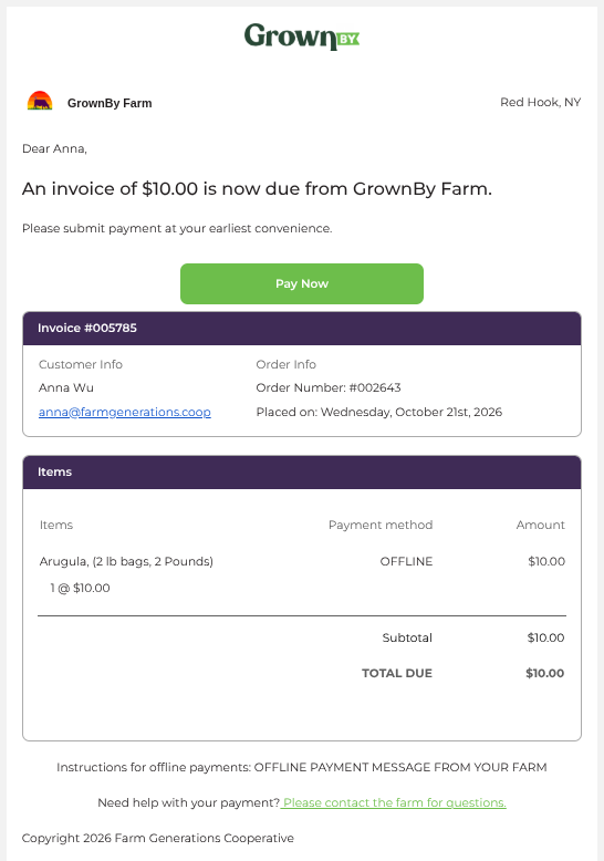 Invoice email to the customer showing the amount due, a Pay Now button, the order details, and the offline payment instructions at the bottom