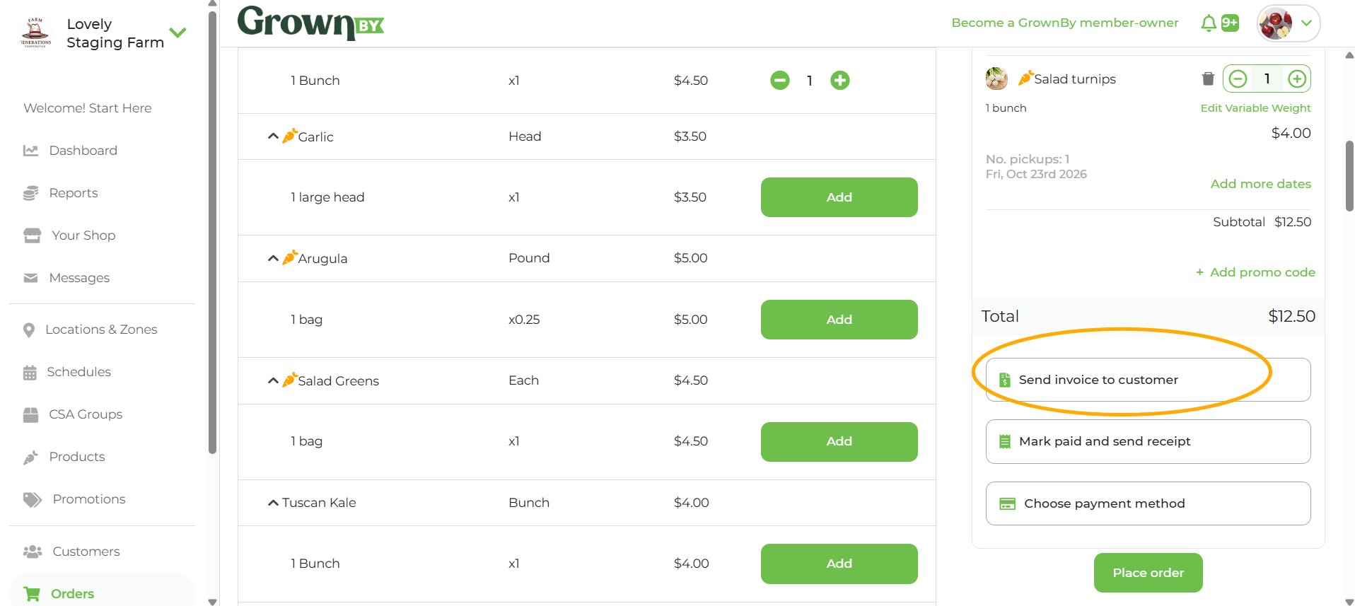 Order Creator order summary with the Send invoice to customer option circled, above Mark paid and send receipt and Choose payment method