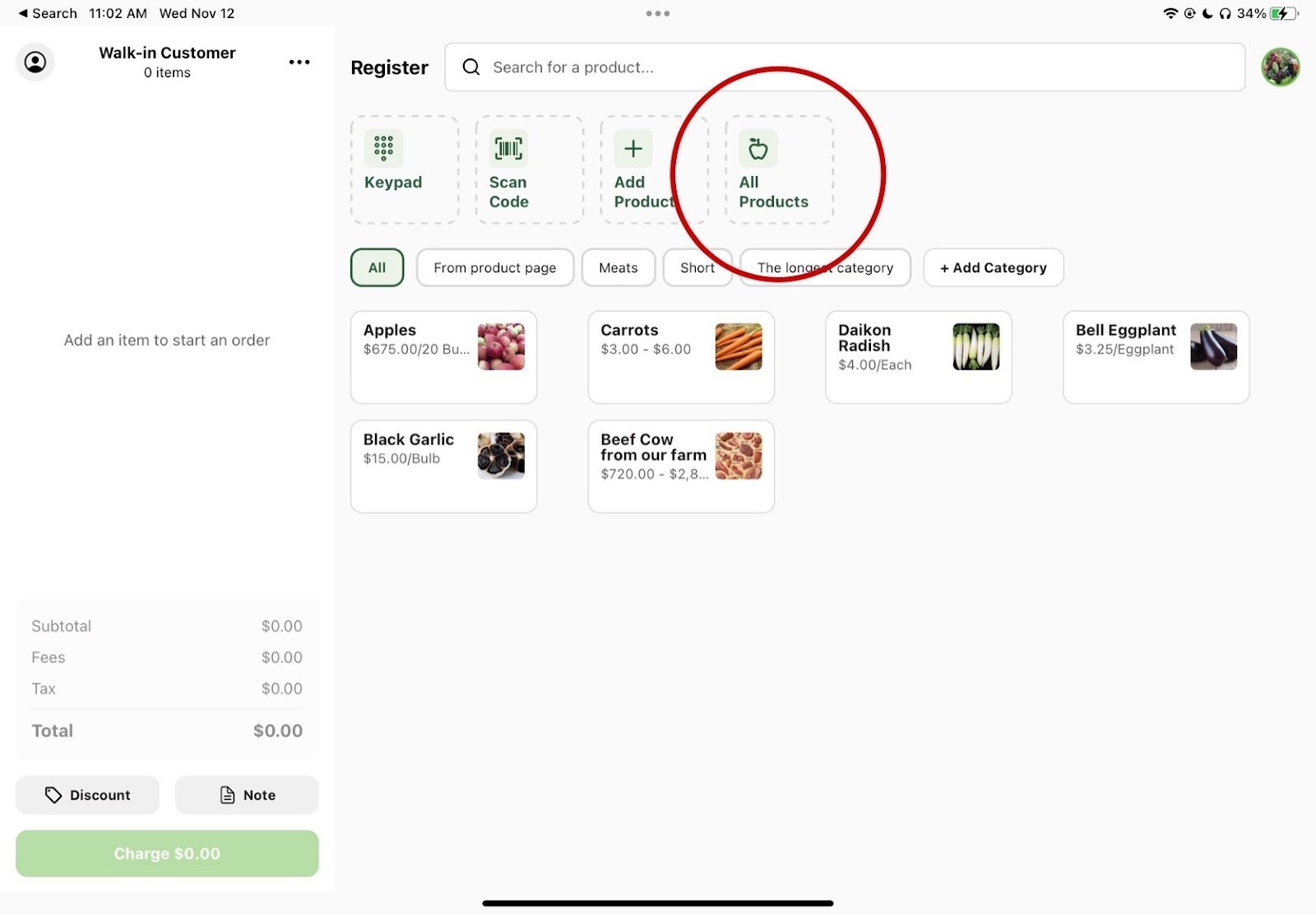 Register starting screen with the All Products option highlighted