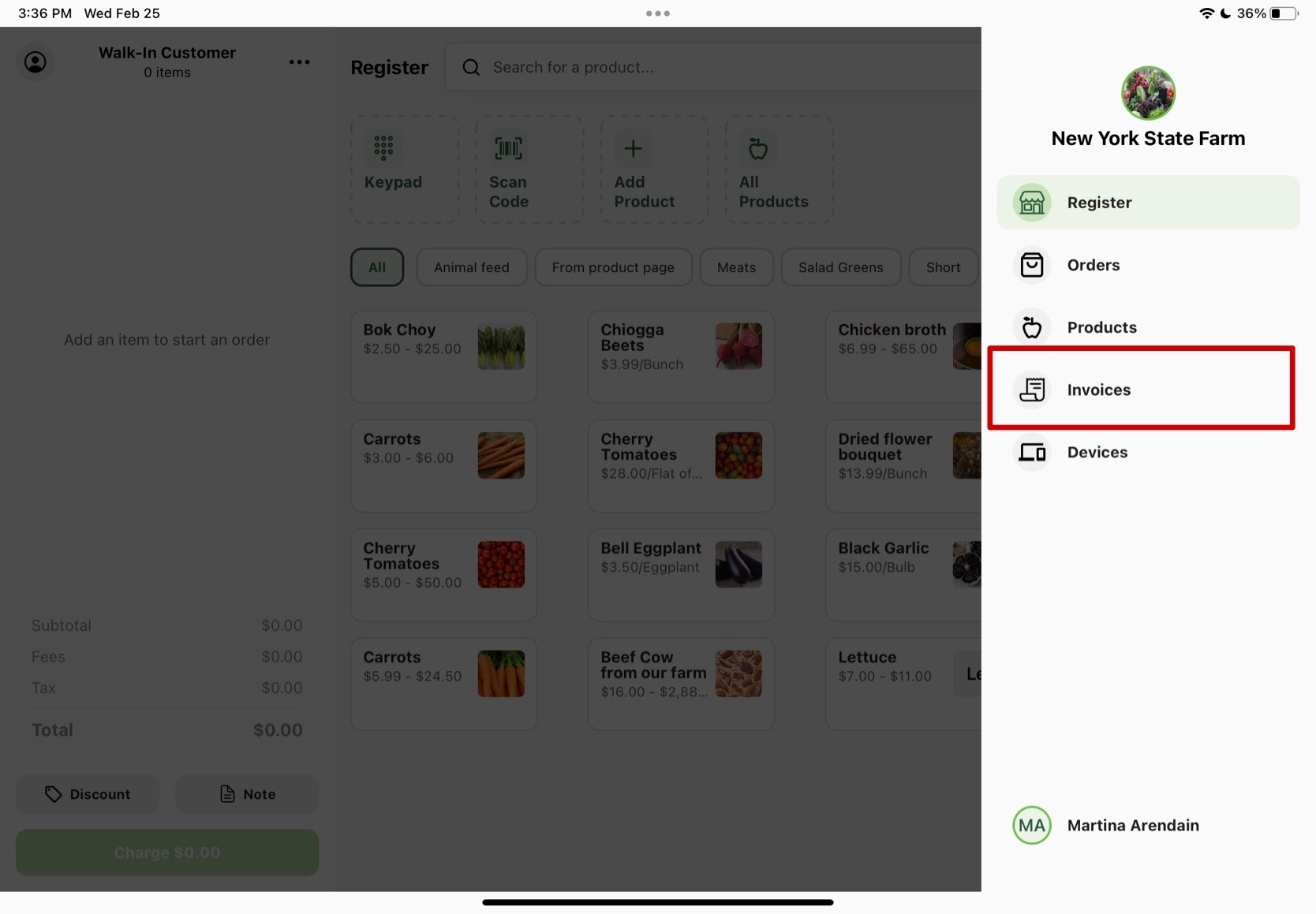 Invoices option in the profile drop down menu