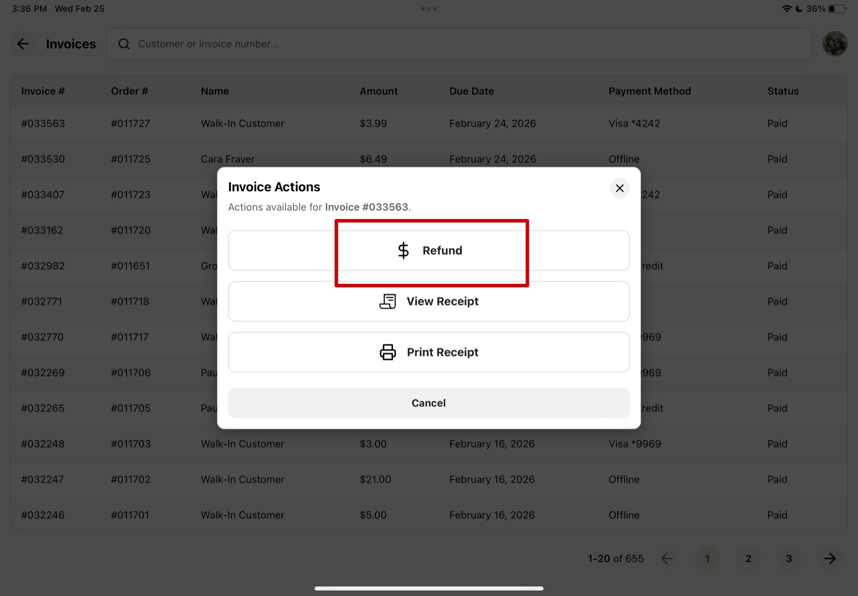 Invoice Actions window with the Refund button