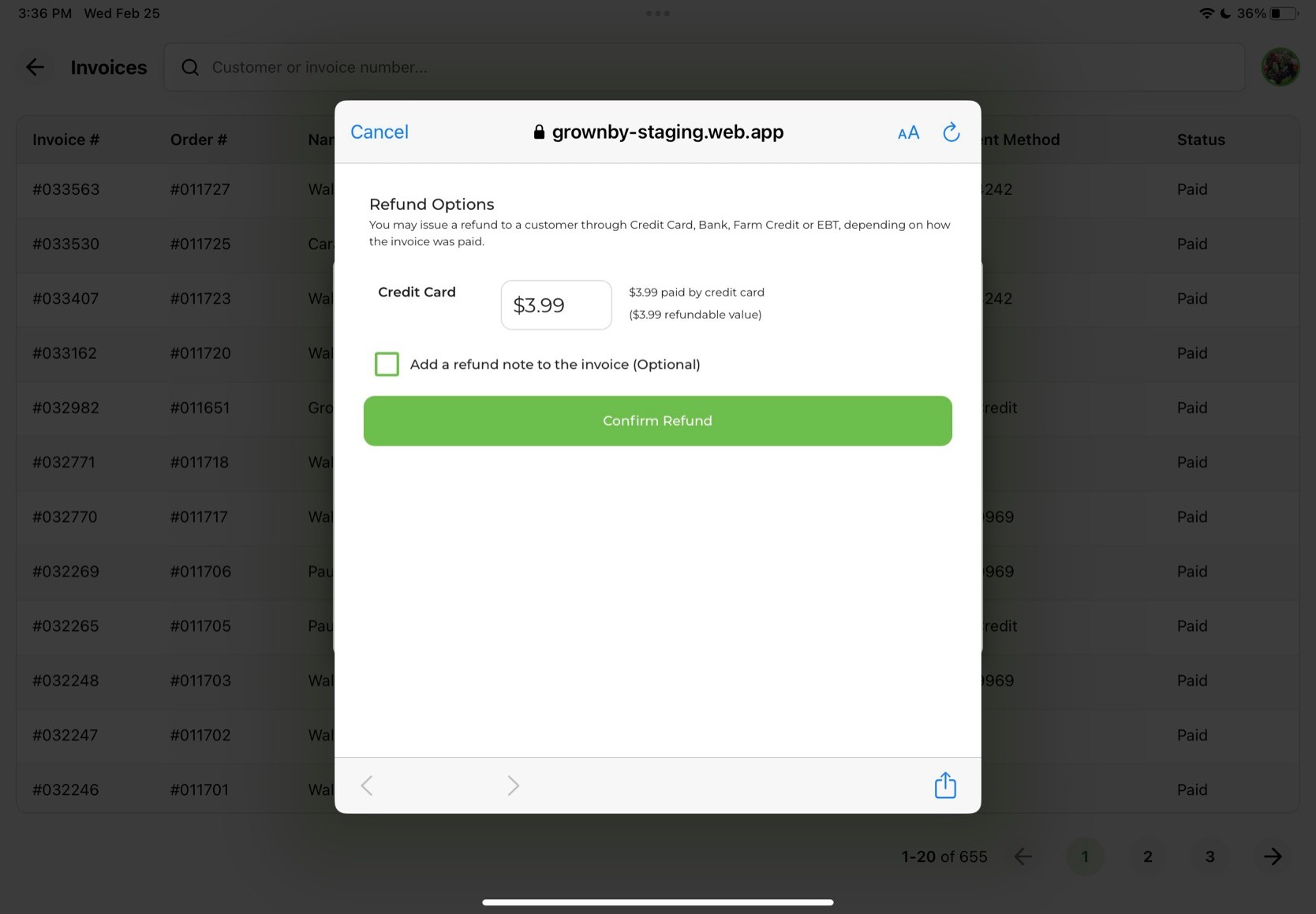 Refund page with amount text box