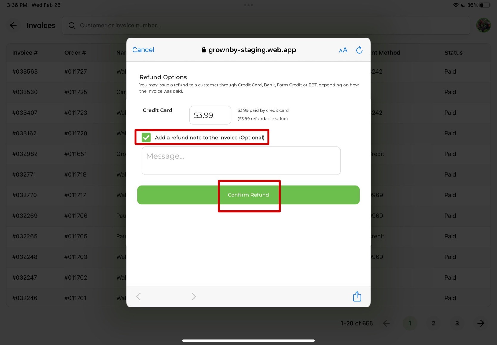 Refund success confirmation pop up