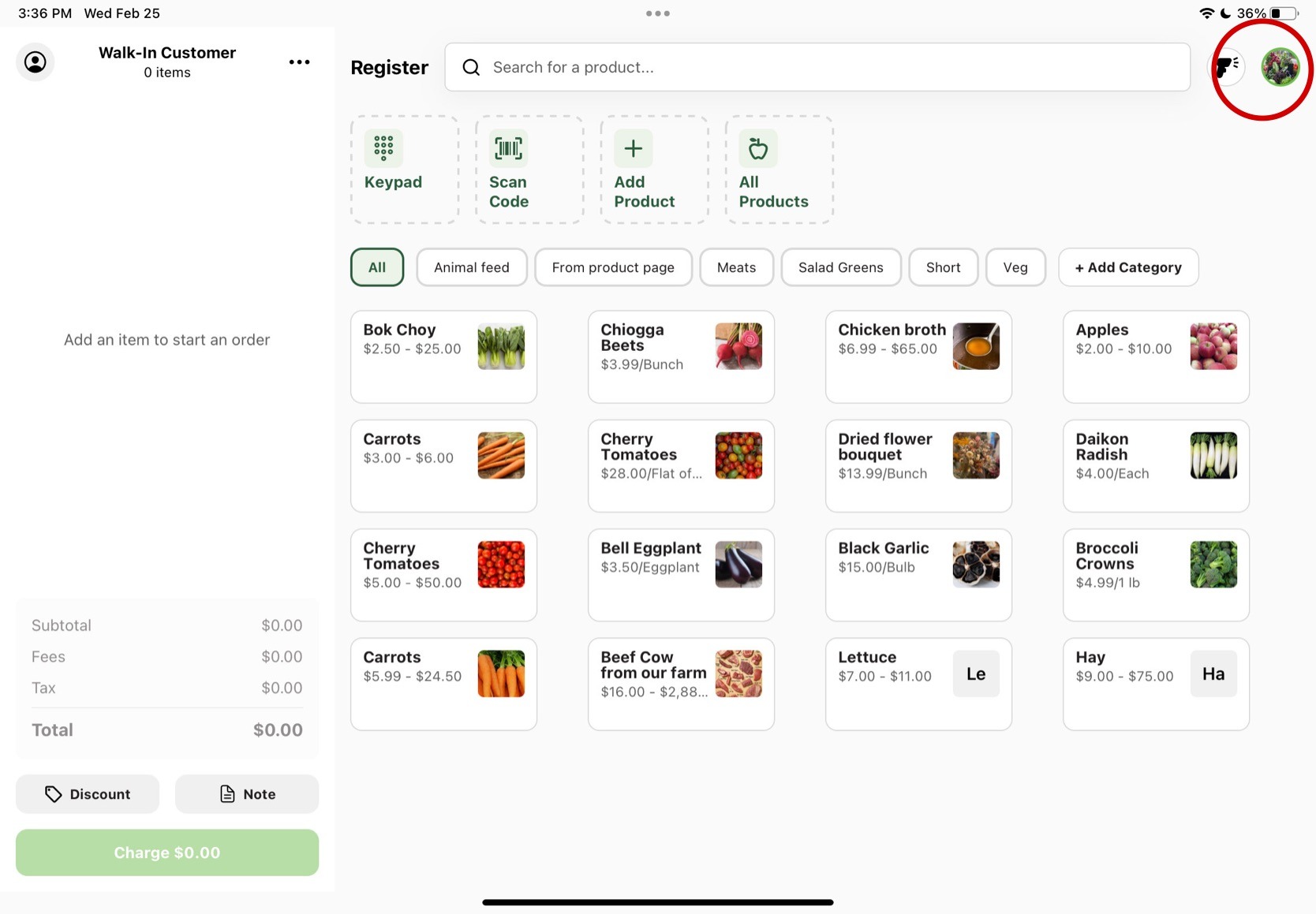 Profile logo in the top right corner of the Register starting page