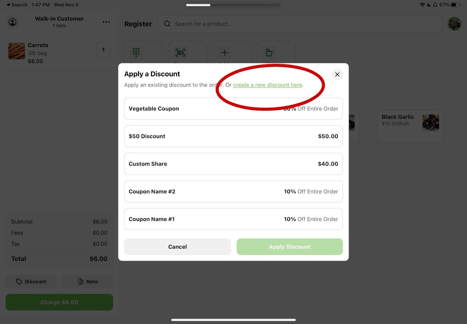 Discount selection screen with the create a new discount link highlighted