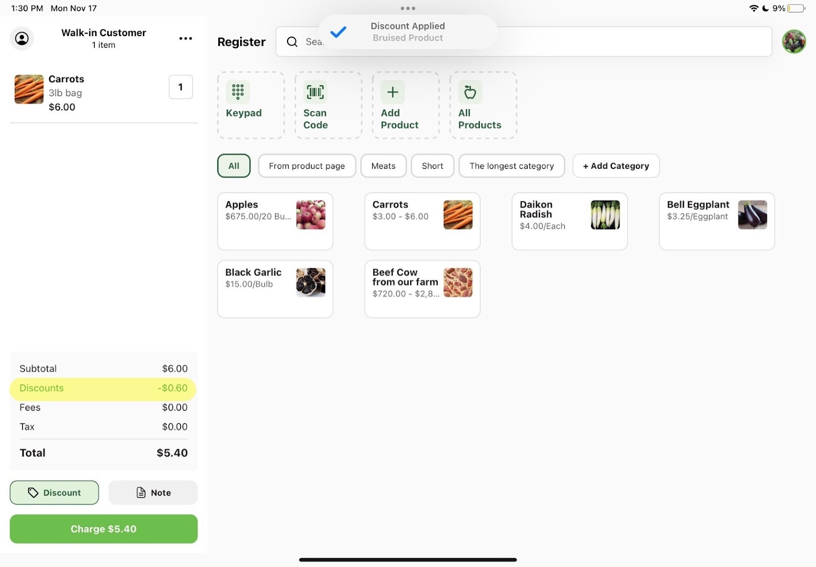 Customer cart on Register showing the applied discount and the updated order total