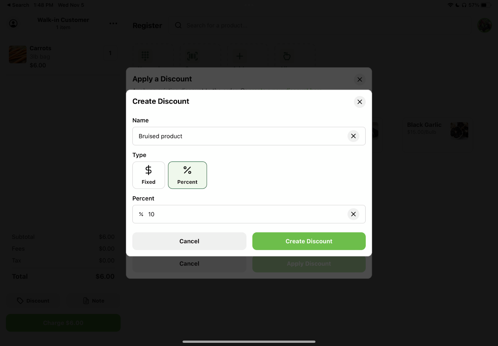 New discount form with fields for discount name and type \(Fixed or Percent\)
