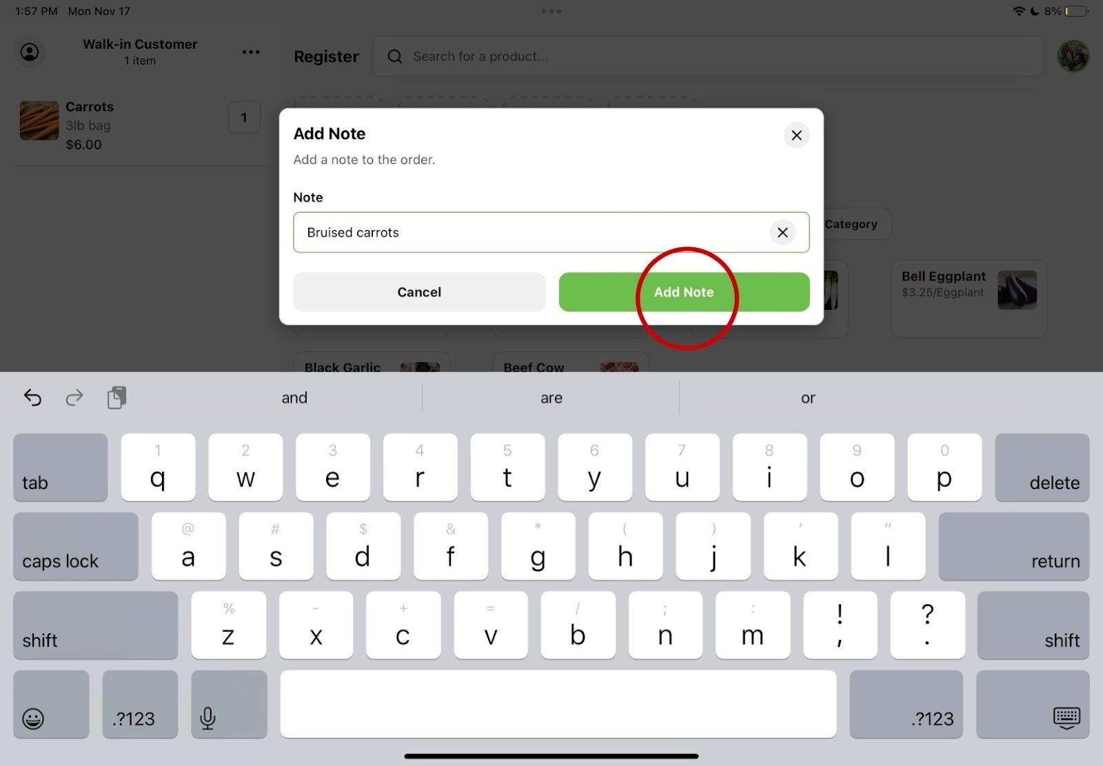 Note entry dialog with the green Add Note button