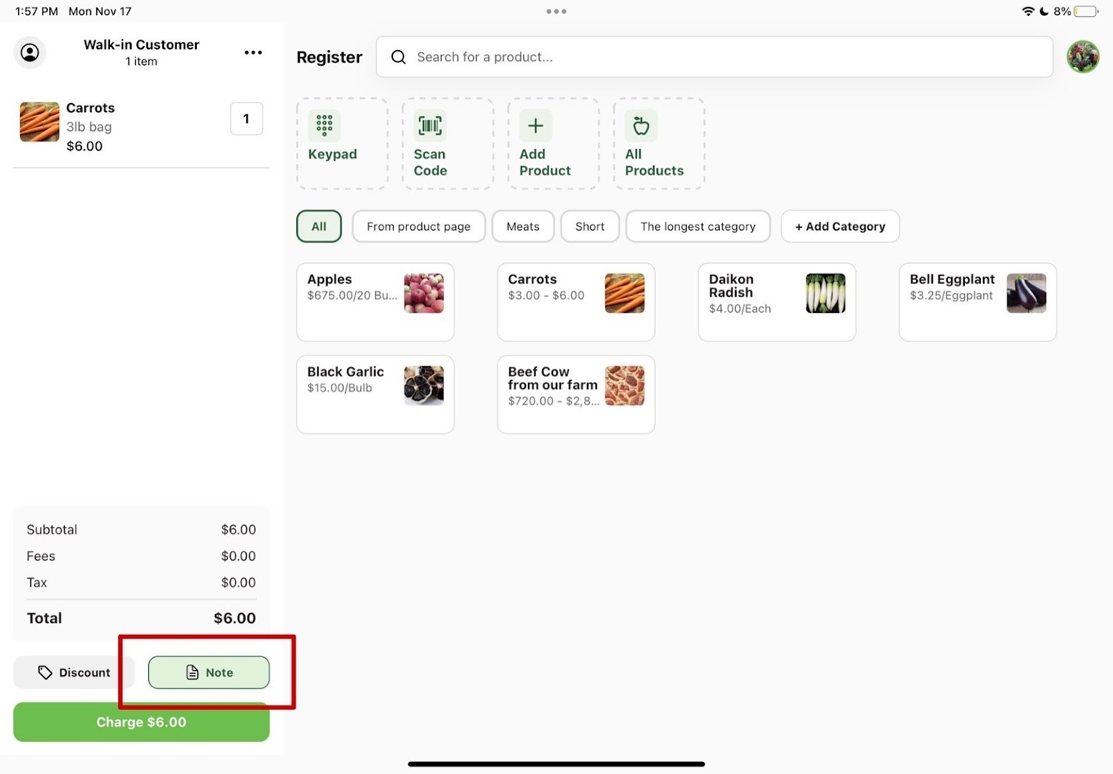 Register cart showing the Note button highlighted after a note has been added