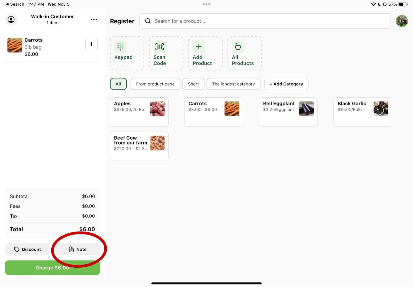 Register cart with the Note button highlighted at the bottom left